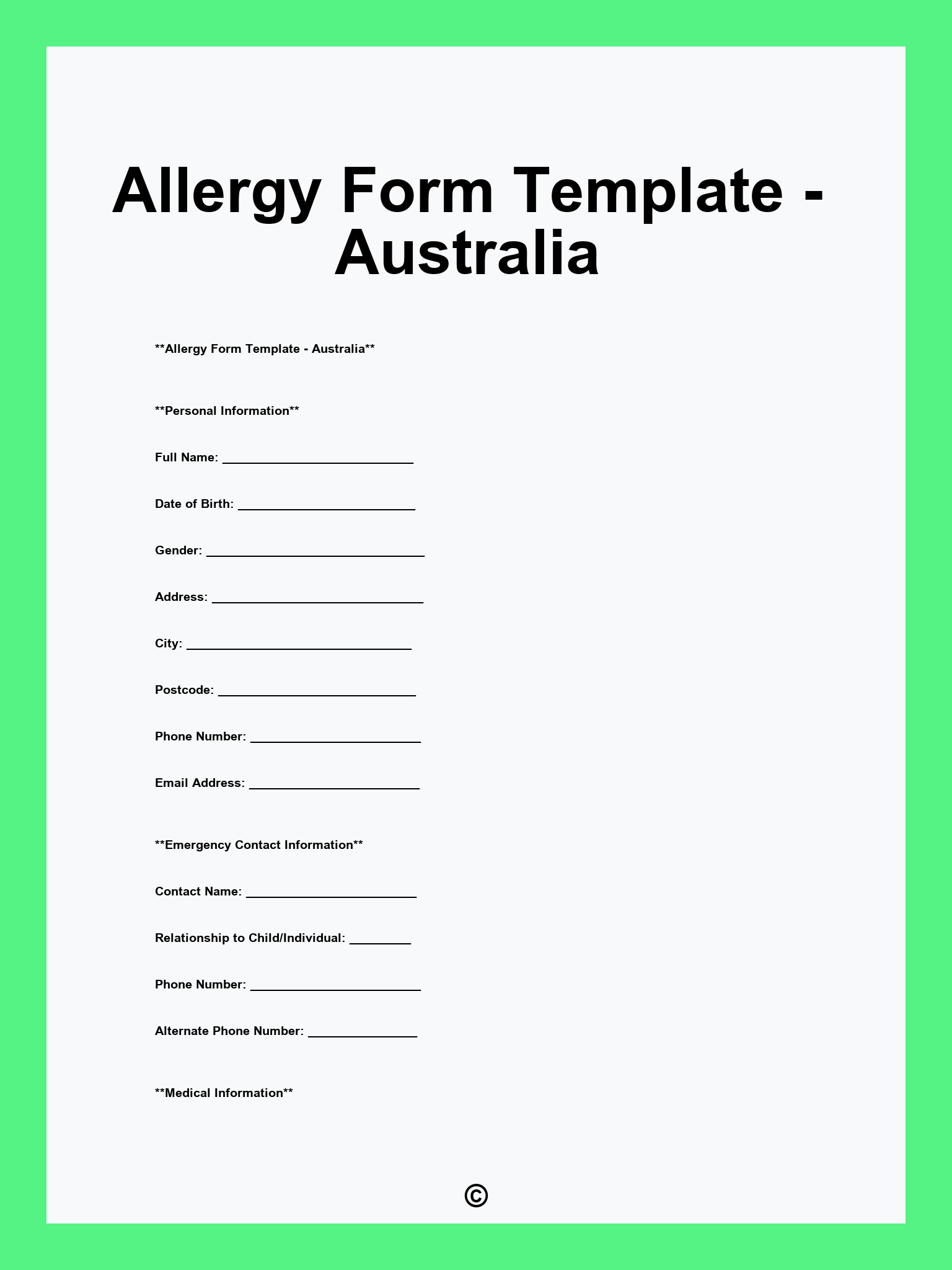 Allergy Form Template - Australia