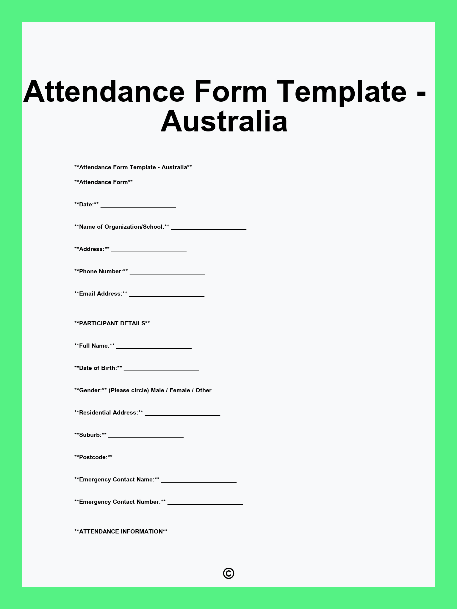 Attendance Form Template - Australia