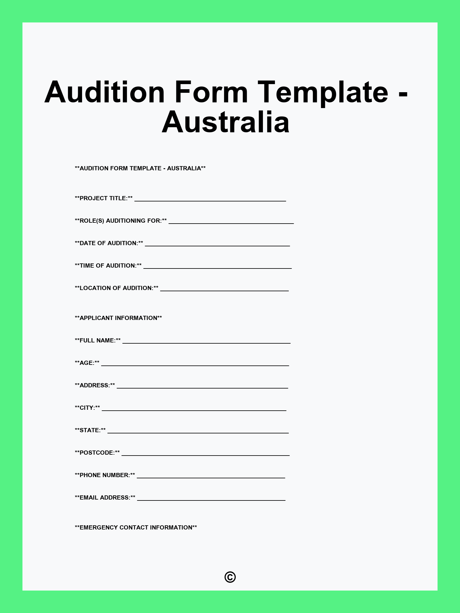 Audition Form Template - Australia
