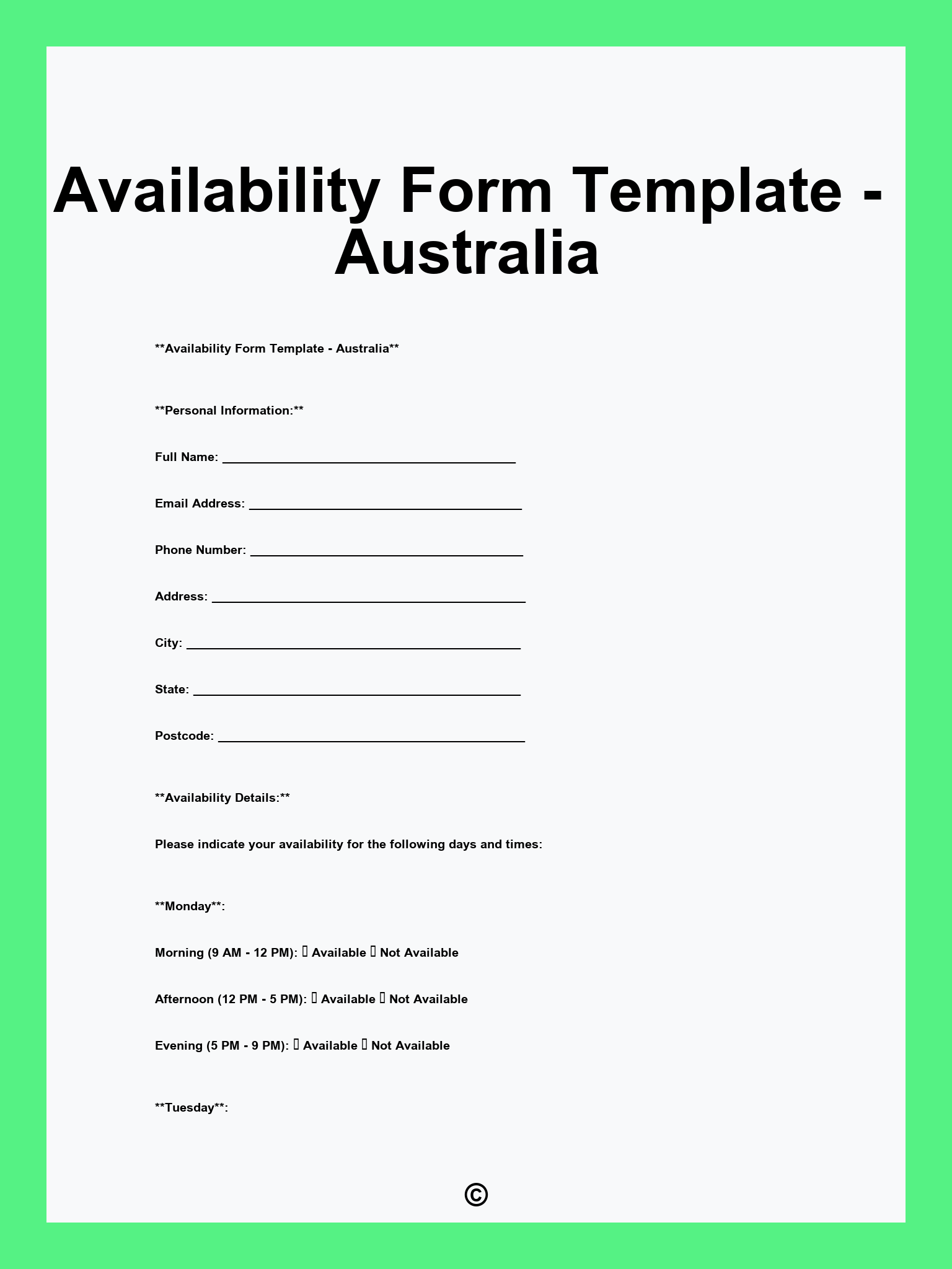 Availability Form Template - Australia