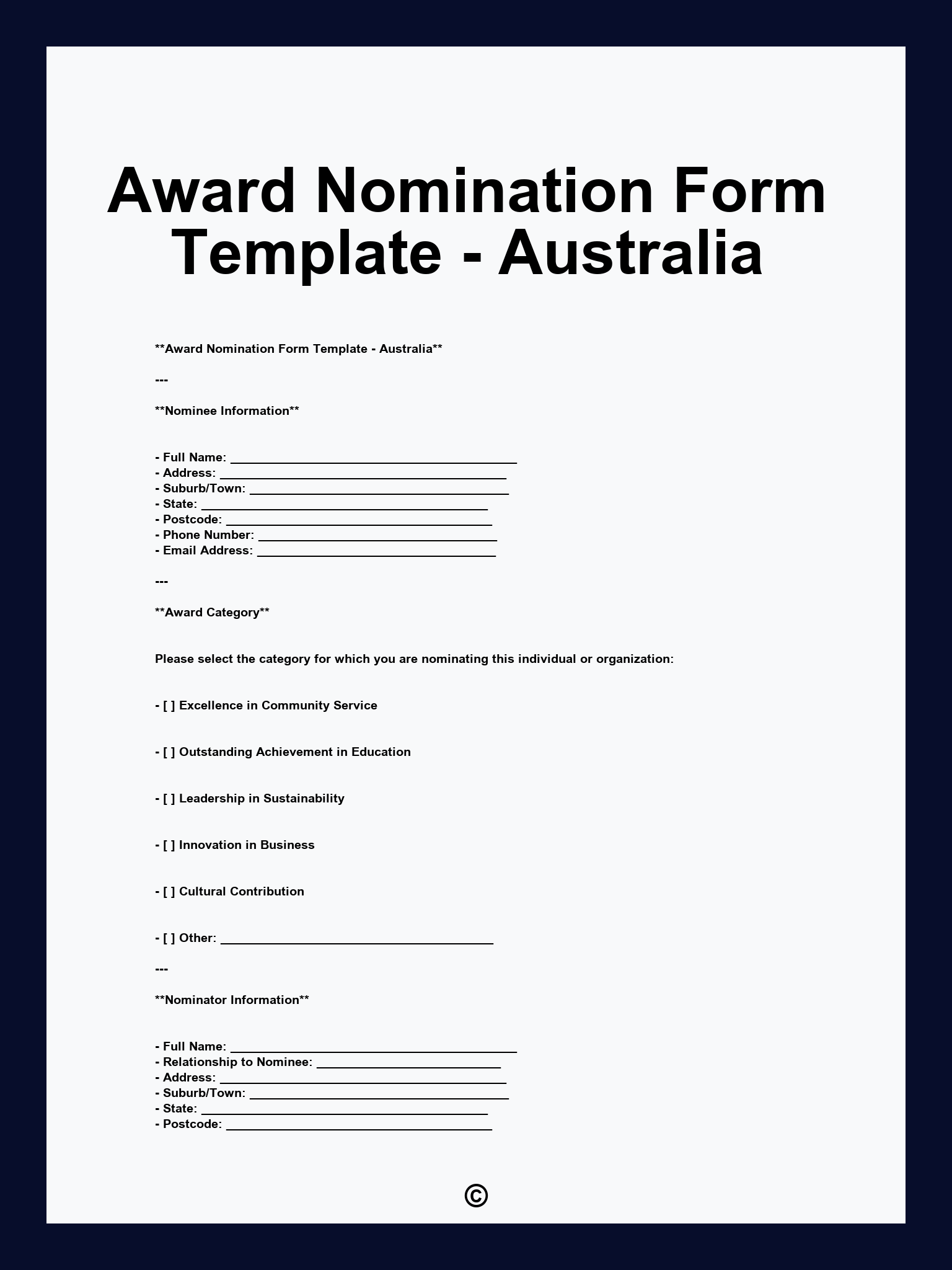 Award Nomination Form Template - Australia
