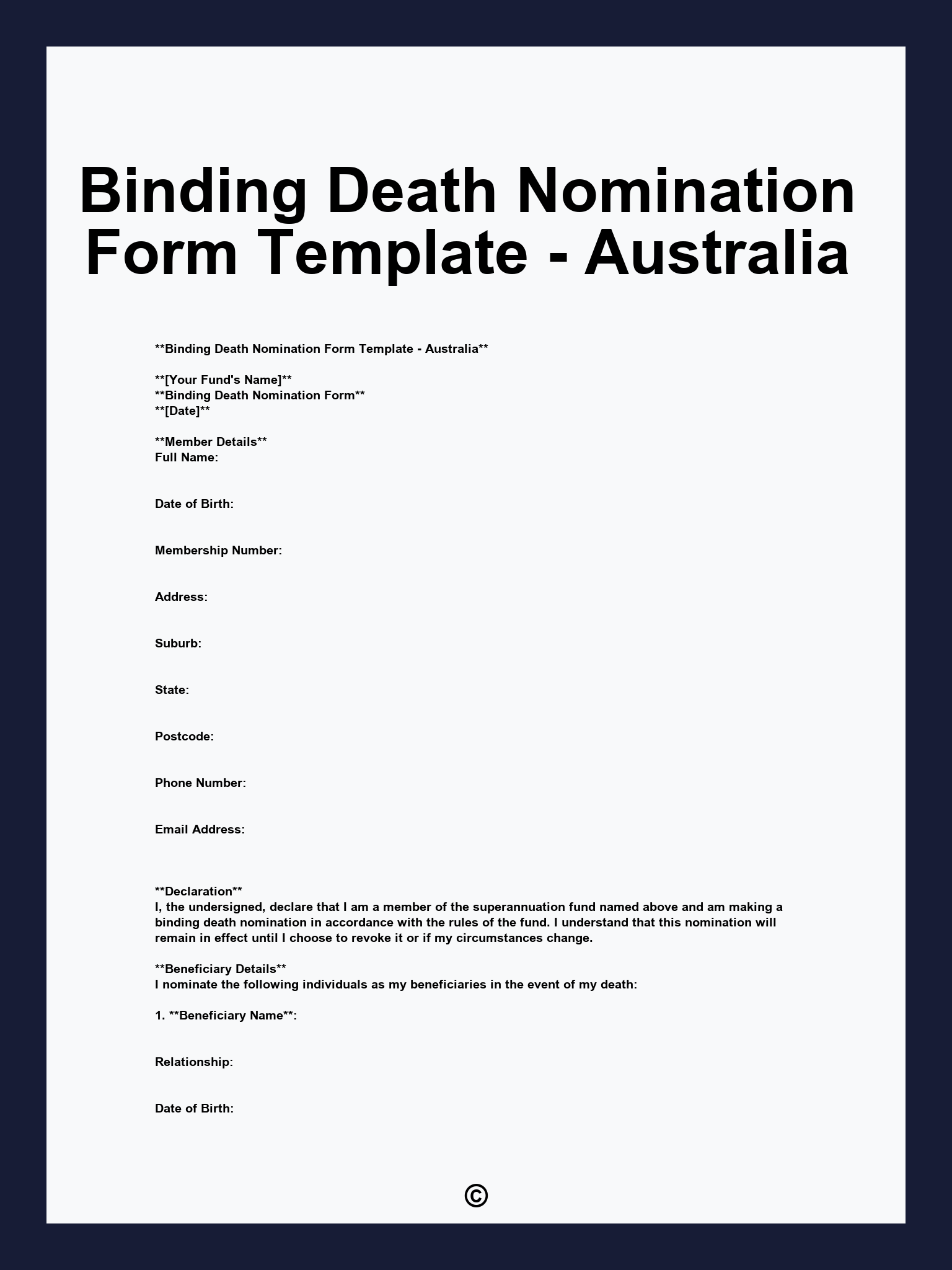 Binding Death Nomination Form Template - Australia