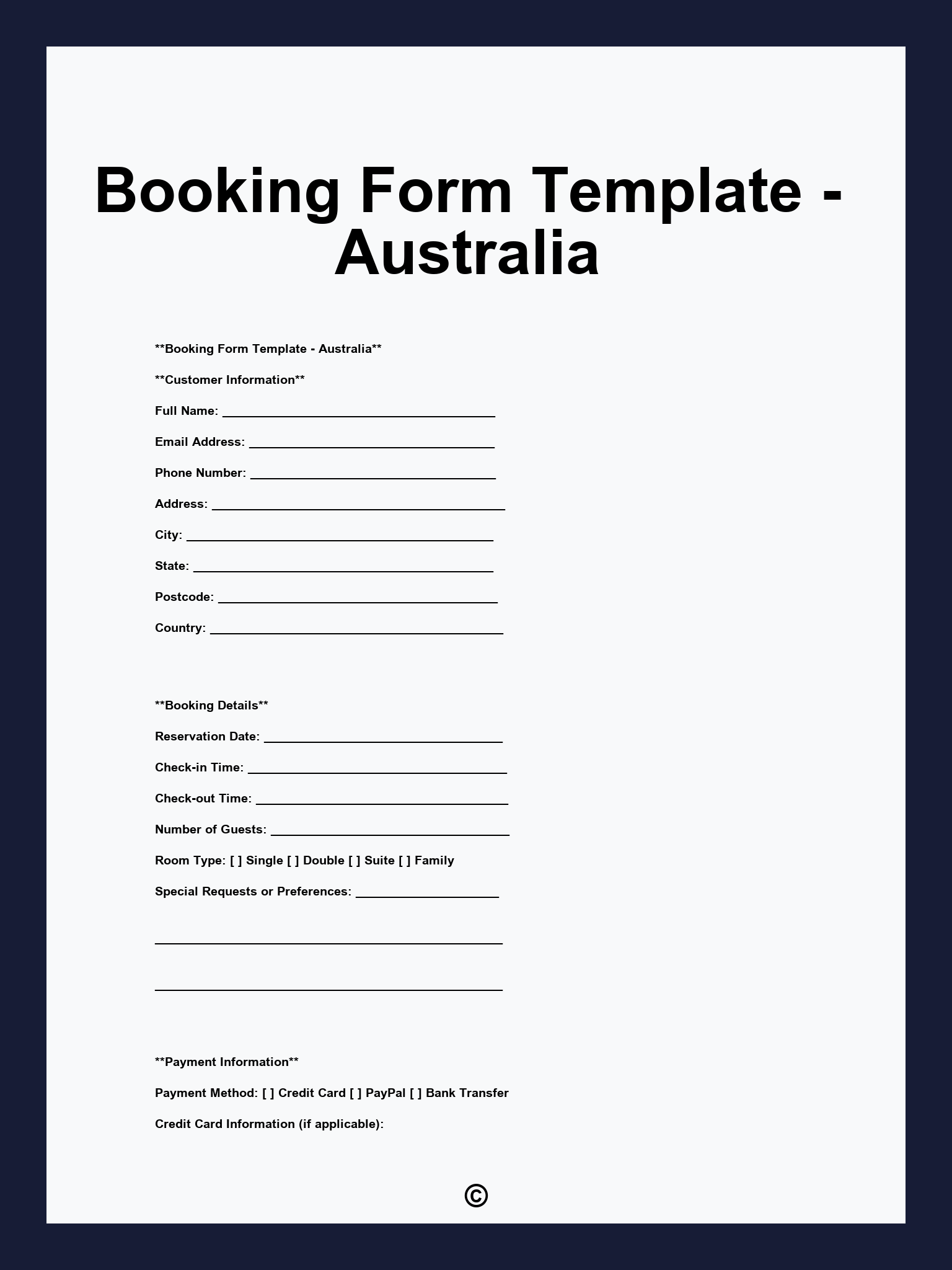 Booking Form Template - Australia