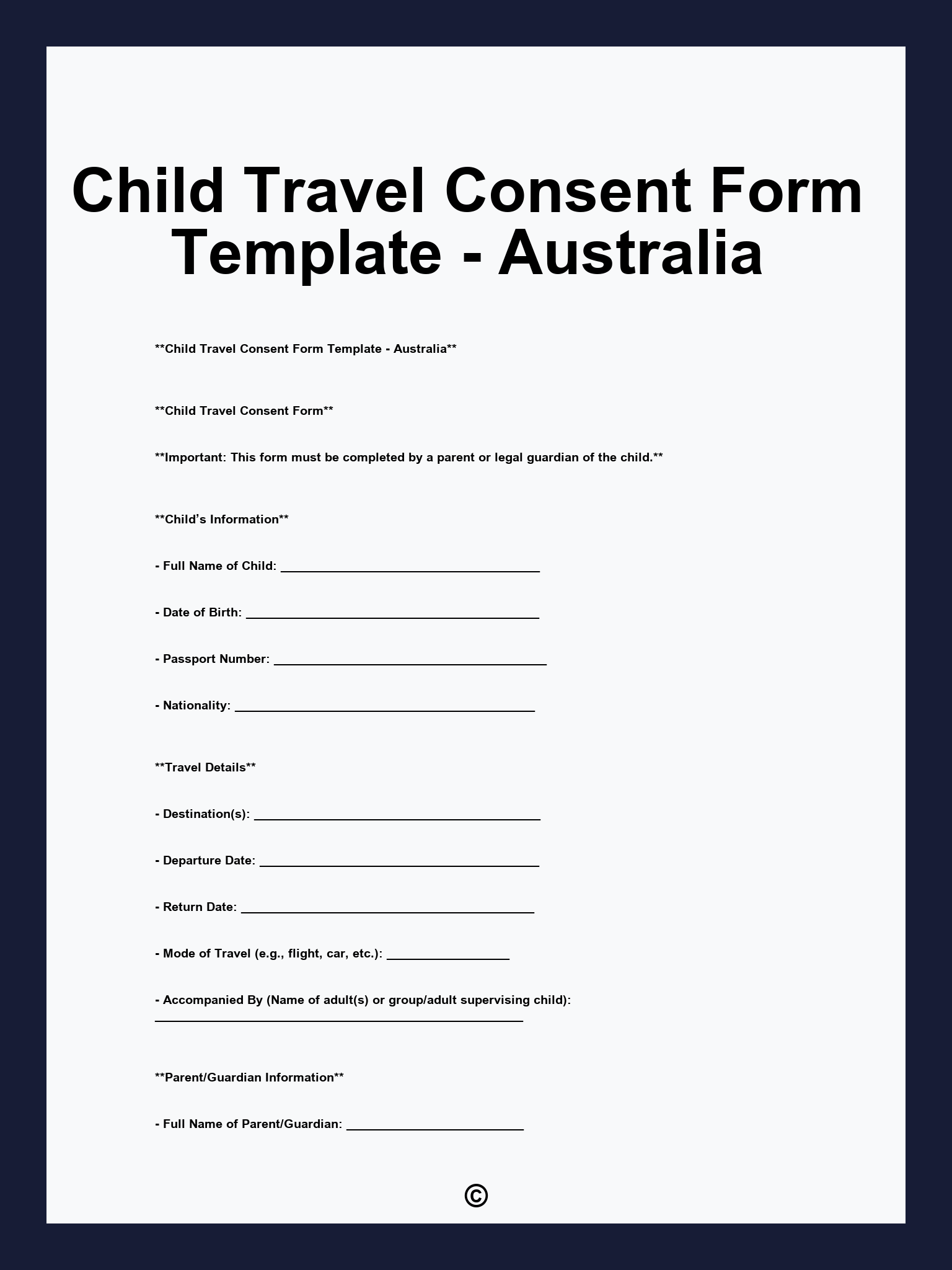 Child Travel Consent Form Template - Australia