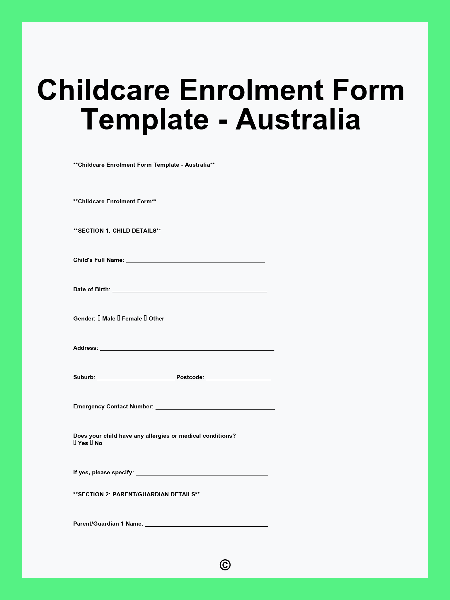 Childcare Enrolment Form Template - Australia