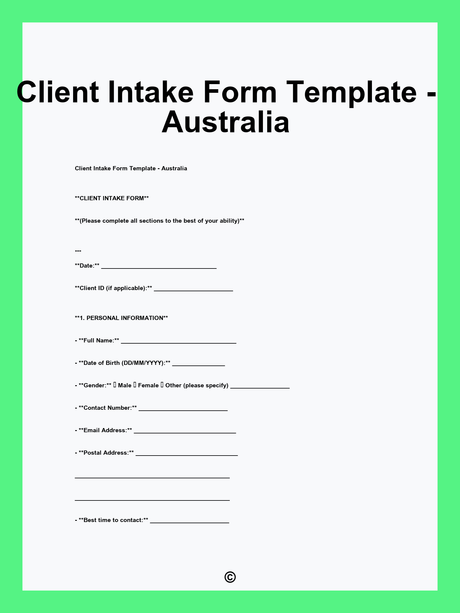 Client Intake Form Template - Australia