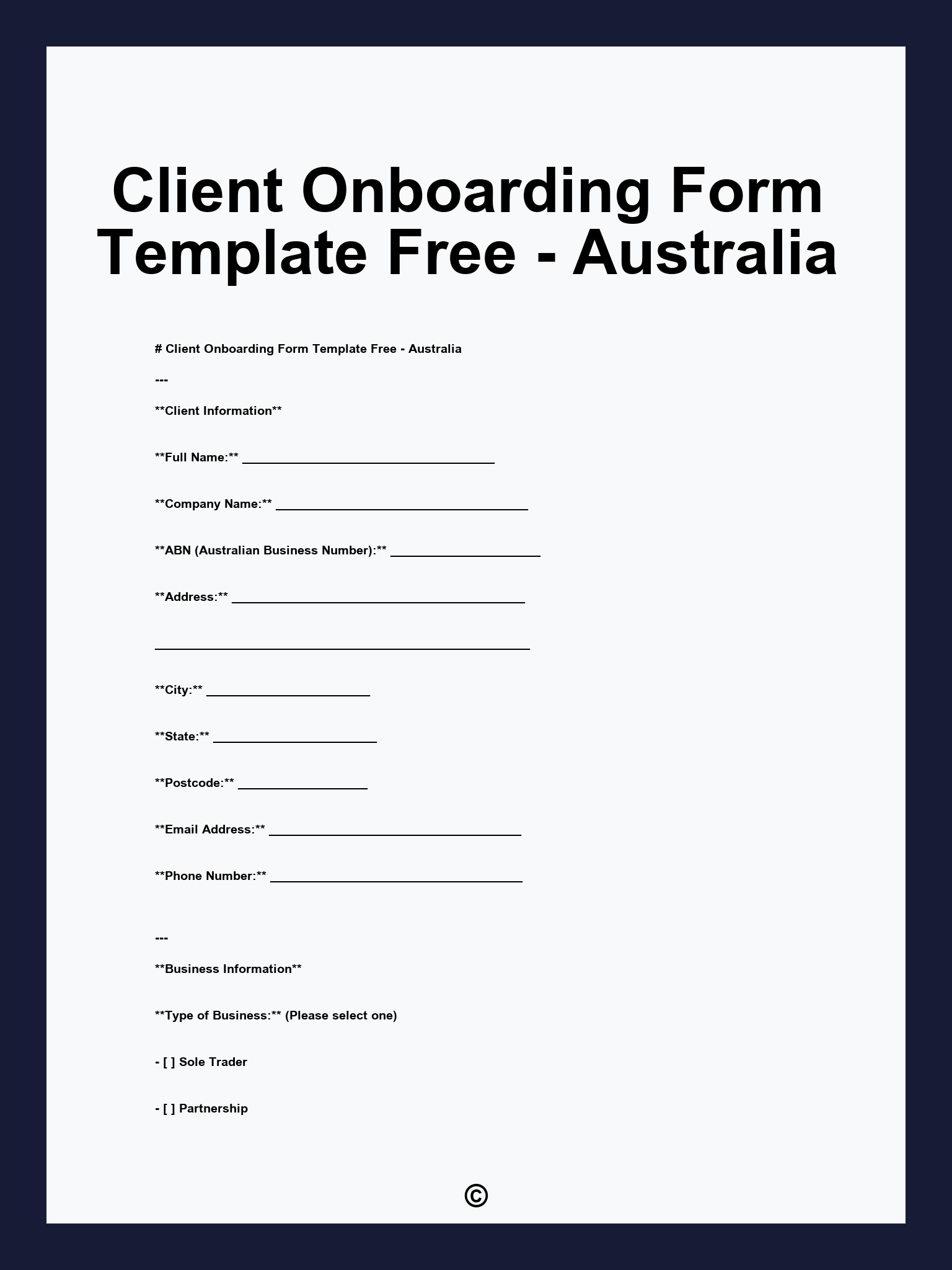 Client Onboarding Form Template Free - Australia