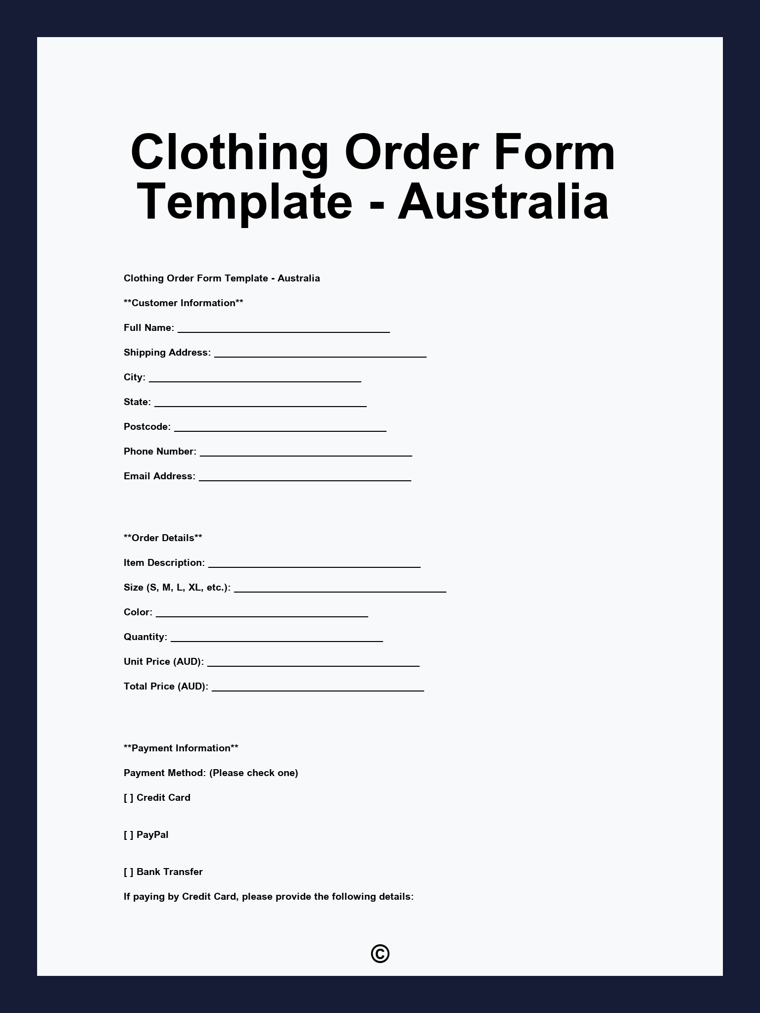 Clothing Order Form Template - Australia