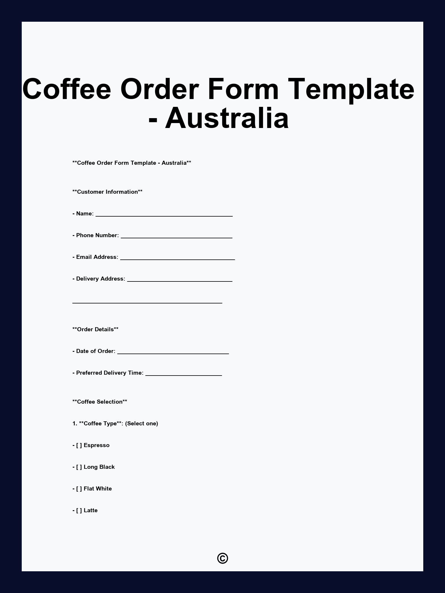 Coffee Order Form Template - Australia