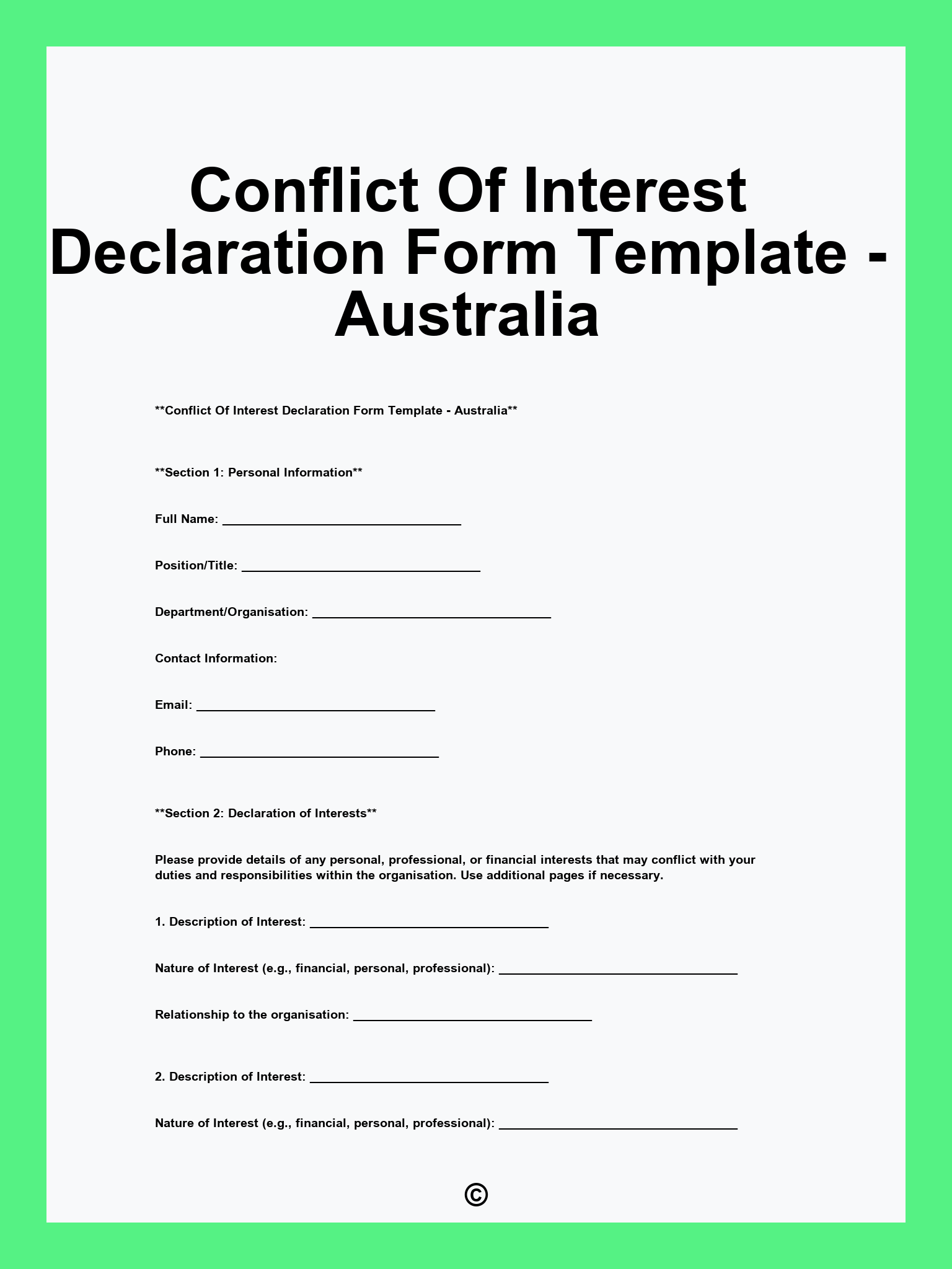 Conflict Of Interest Declaration Form Template - Australia