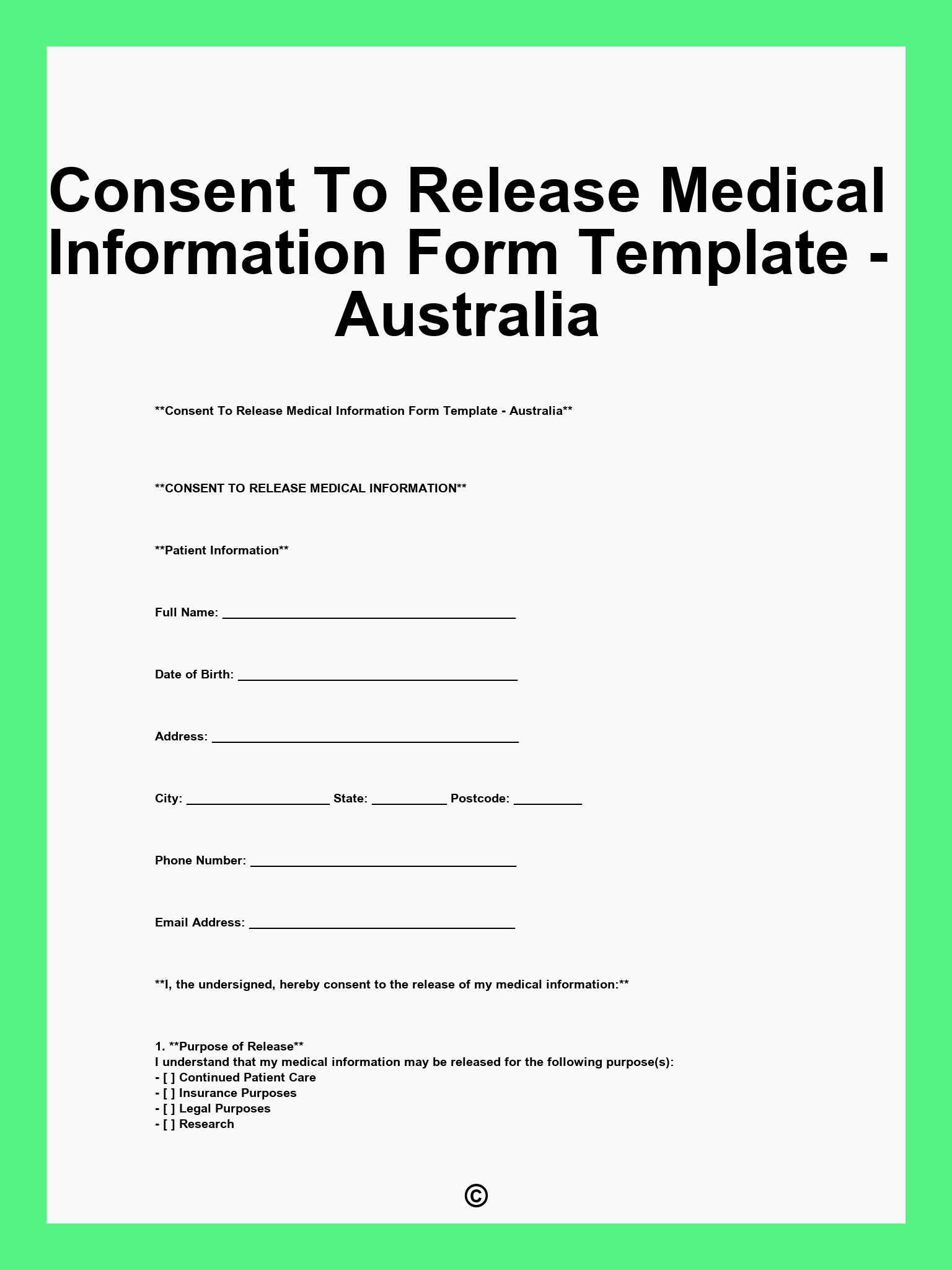 Consent To Release Medical Information Form Template - Australia