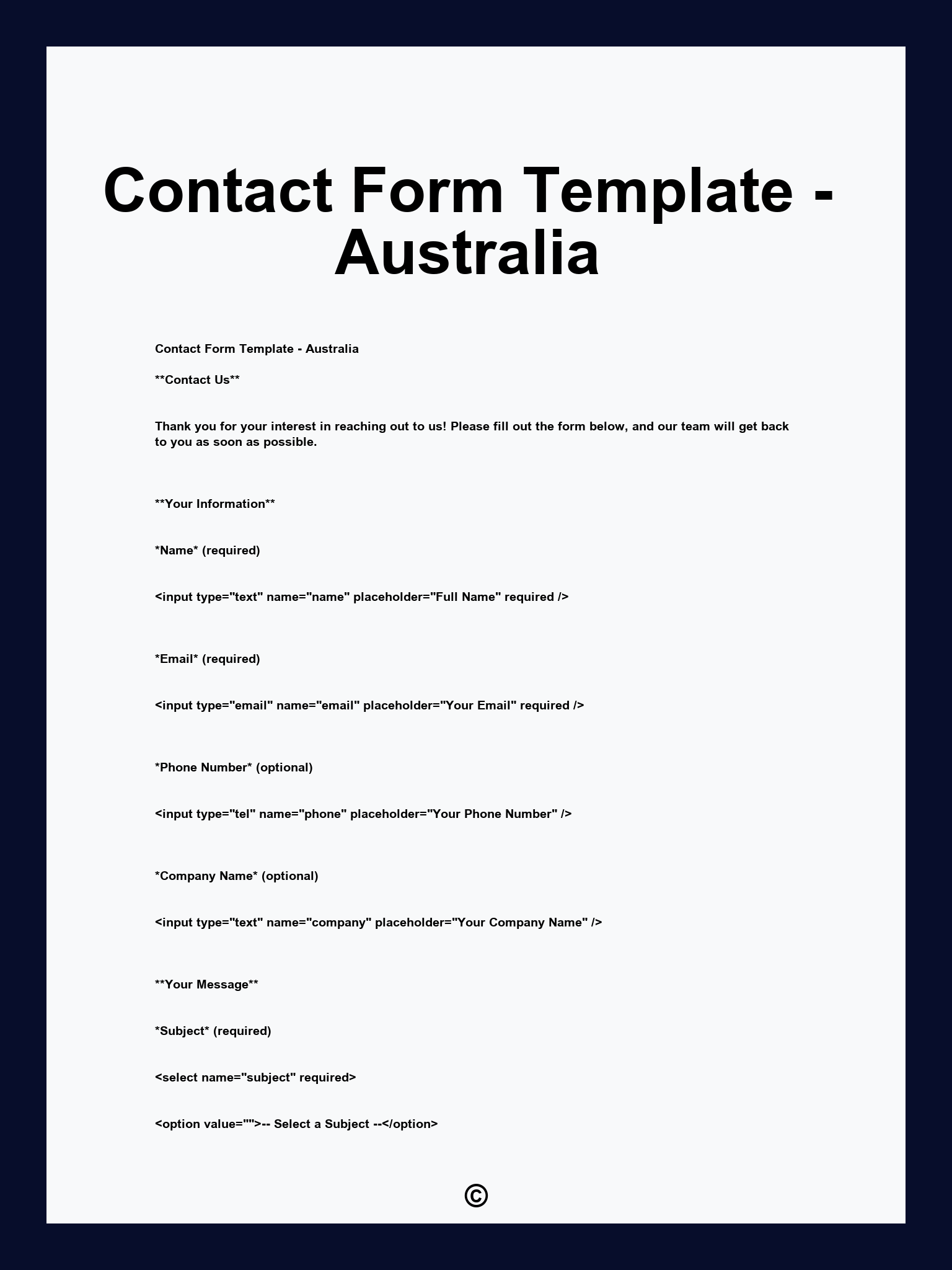 Contact Form Template - Australia