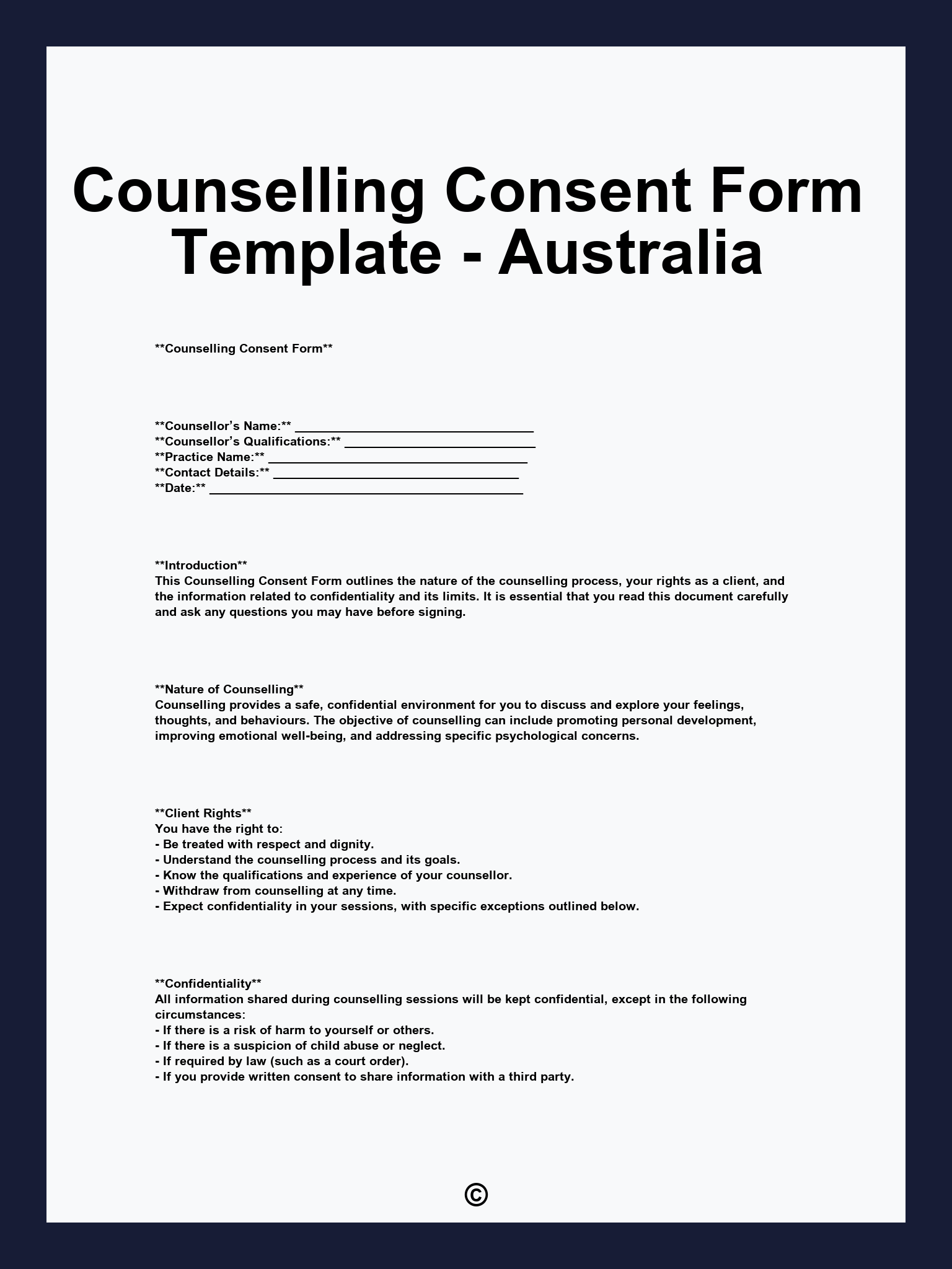 Counselling Consent Form Template - Australia