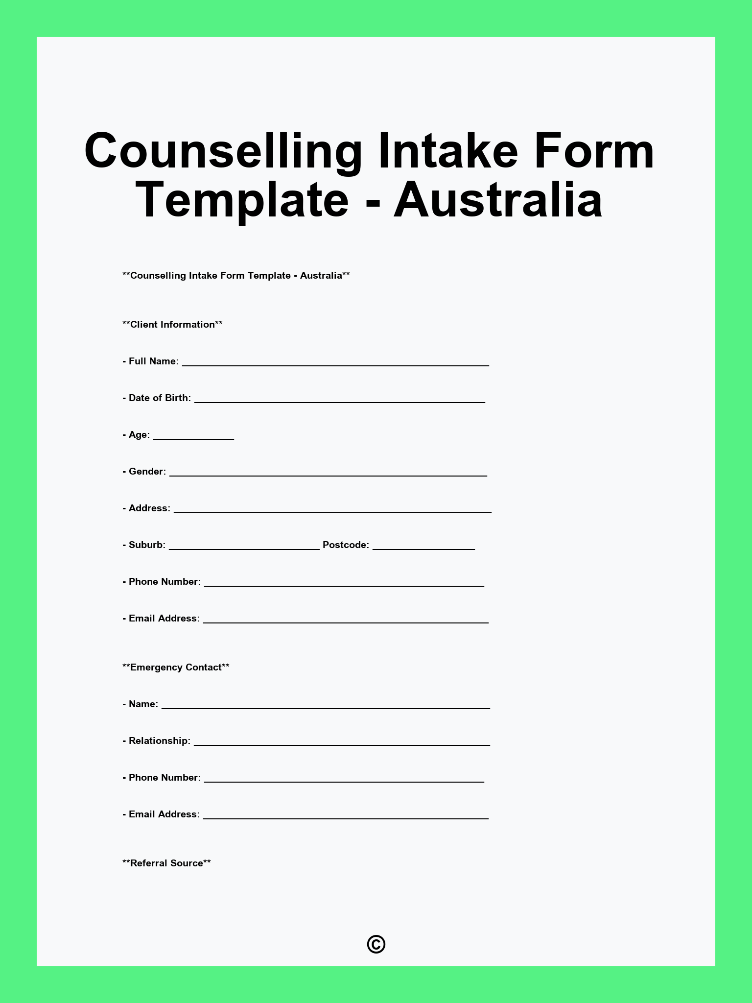 Counselling Intake Form Template - Australia