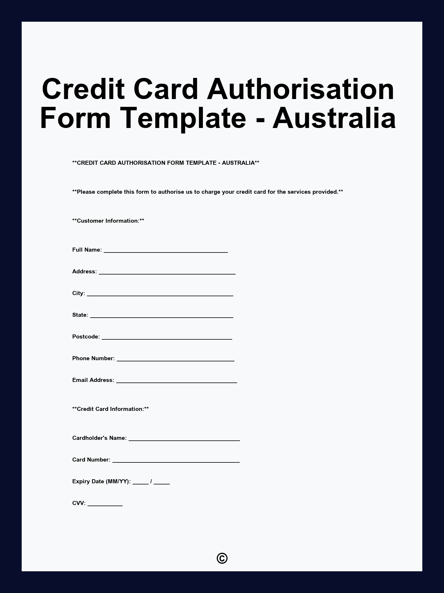 Credit Card Authorisation Form Template - Australia