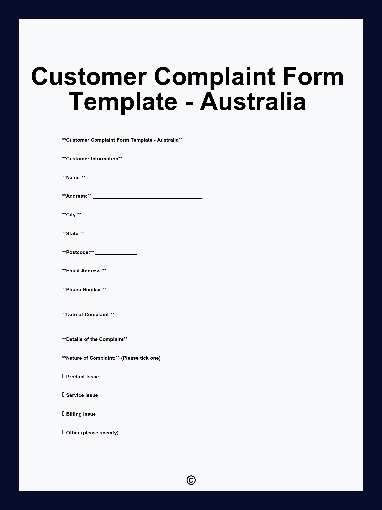 Customer Complaint Form Template - Australia