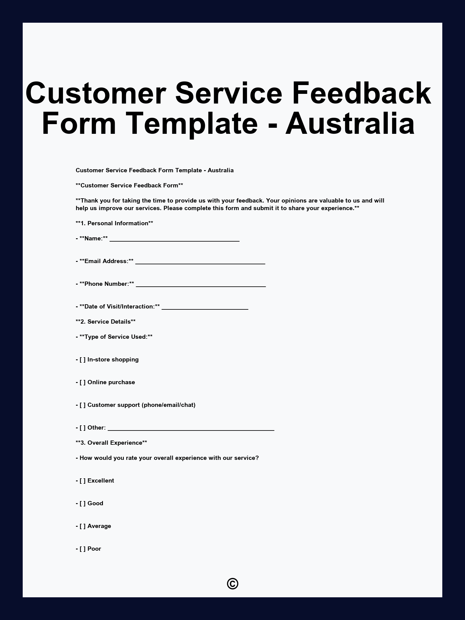 Customer Service Feedback Form Template - Australia