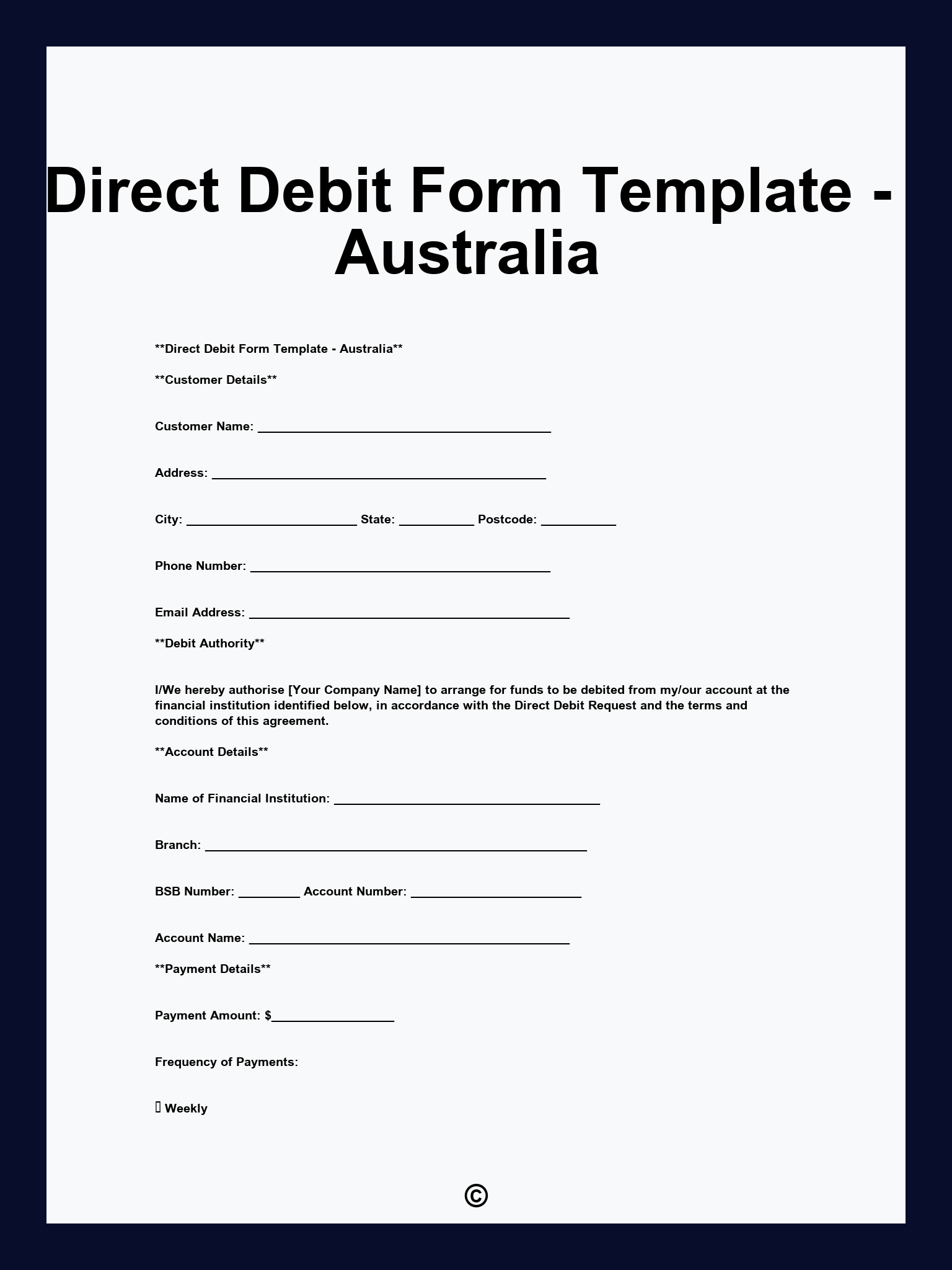 Direct Debit Form Template - Australia