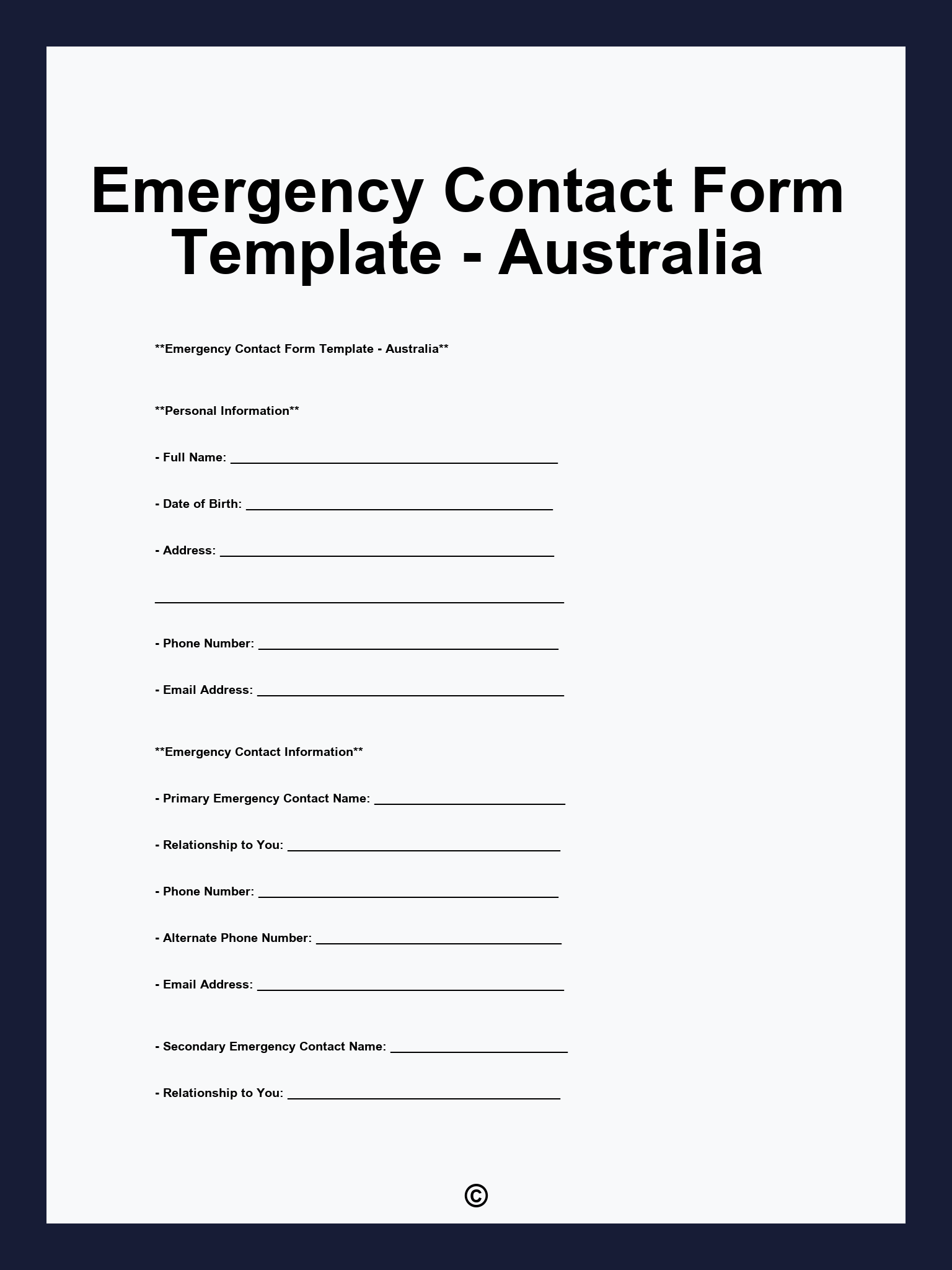 Emergency Contact Form Template - Australia