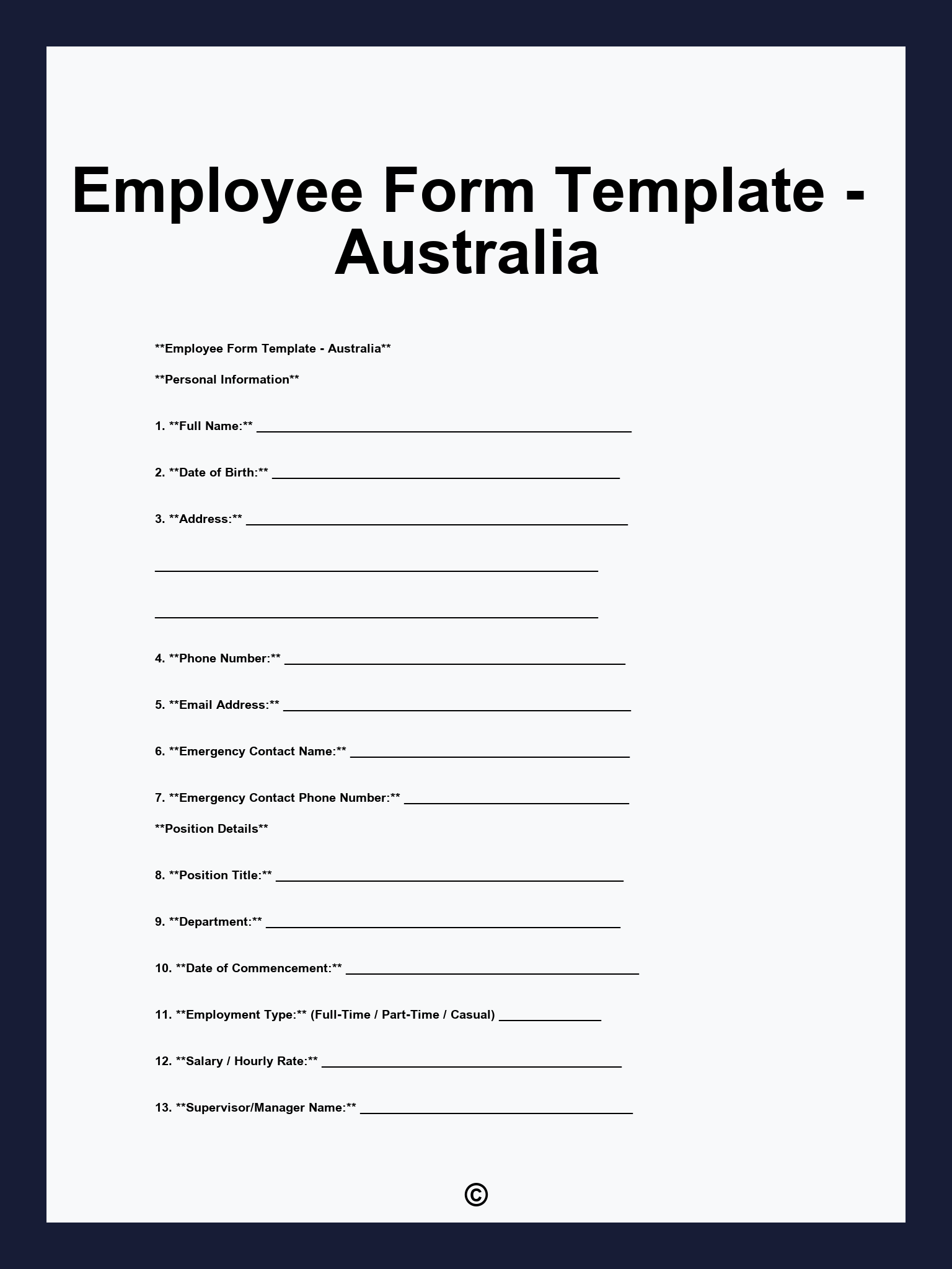 Employee Form Template - Australia