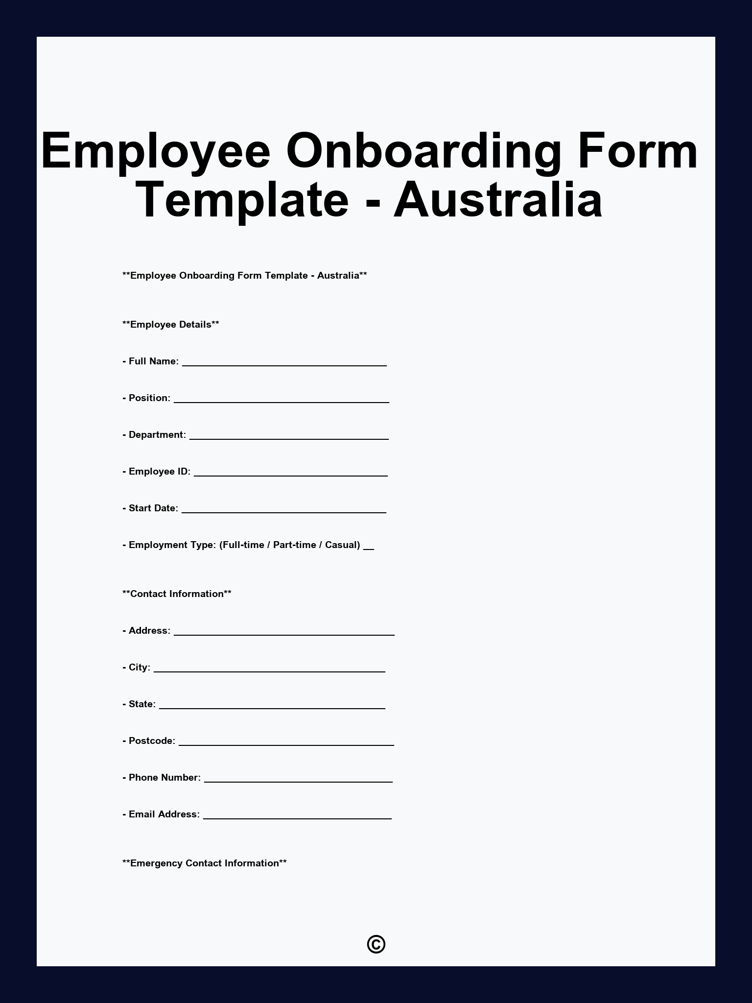 Employee Onboarding Form Template - Australia