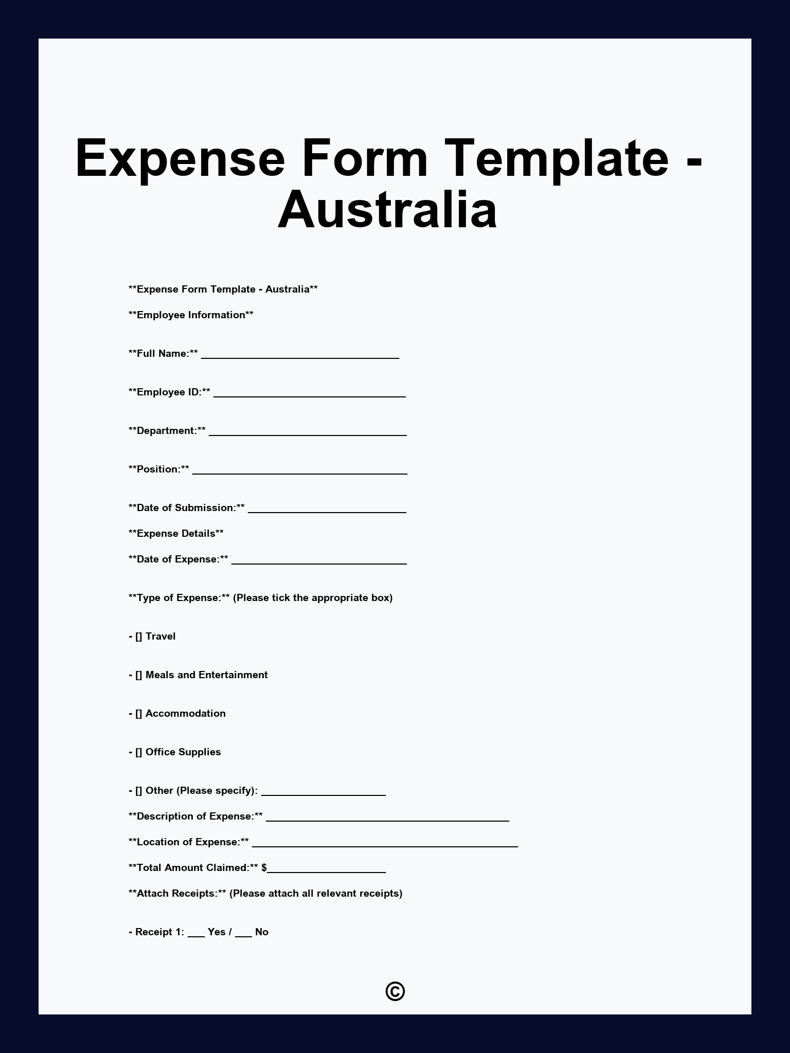 Expense Form Template - Australia
