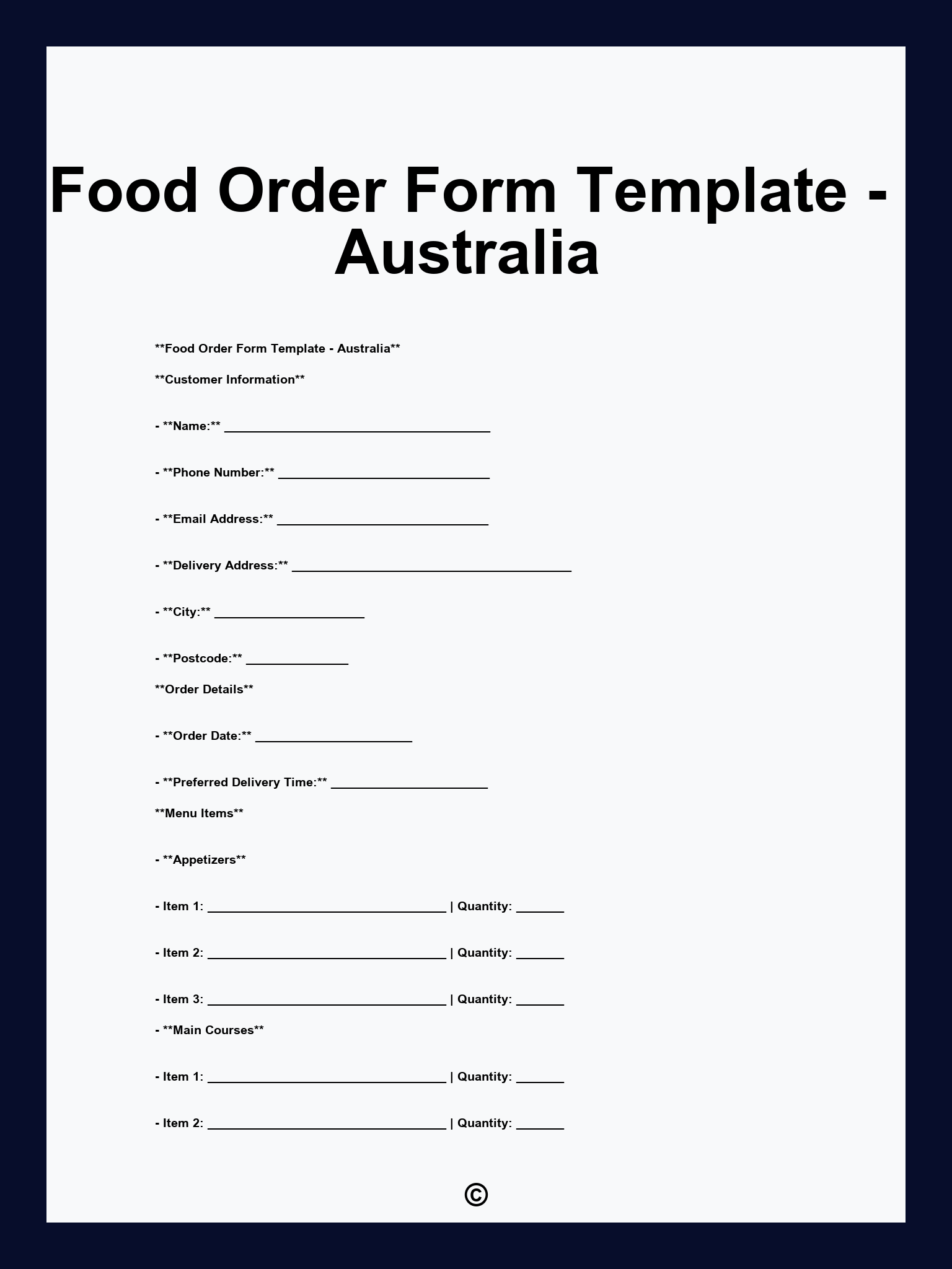 Food Order Form Template - Australia