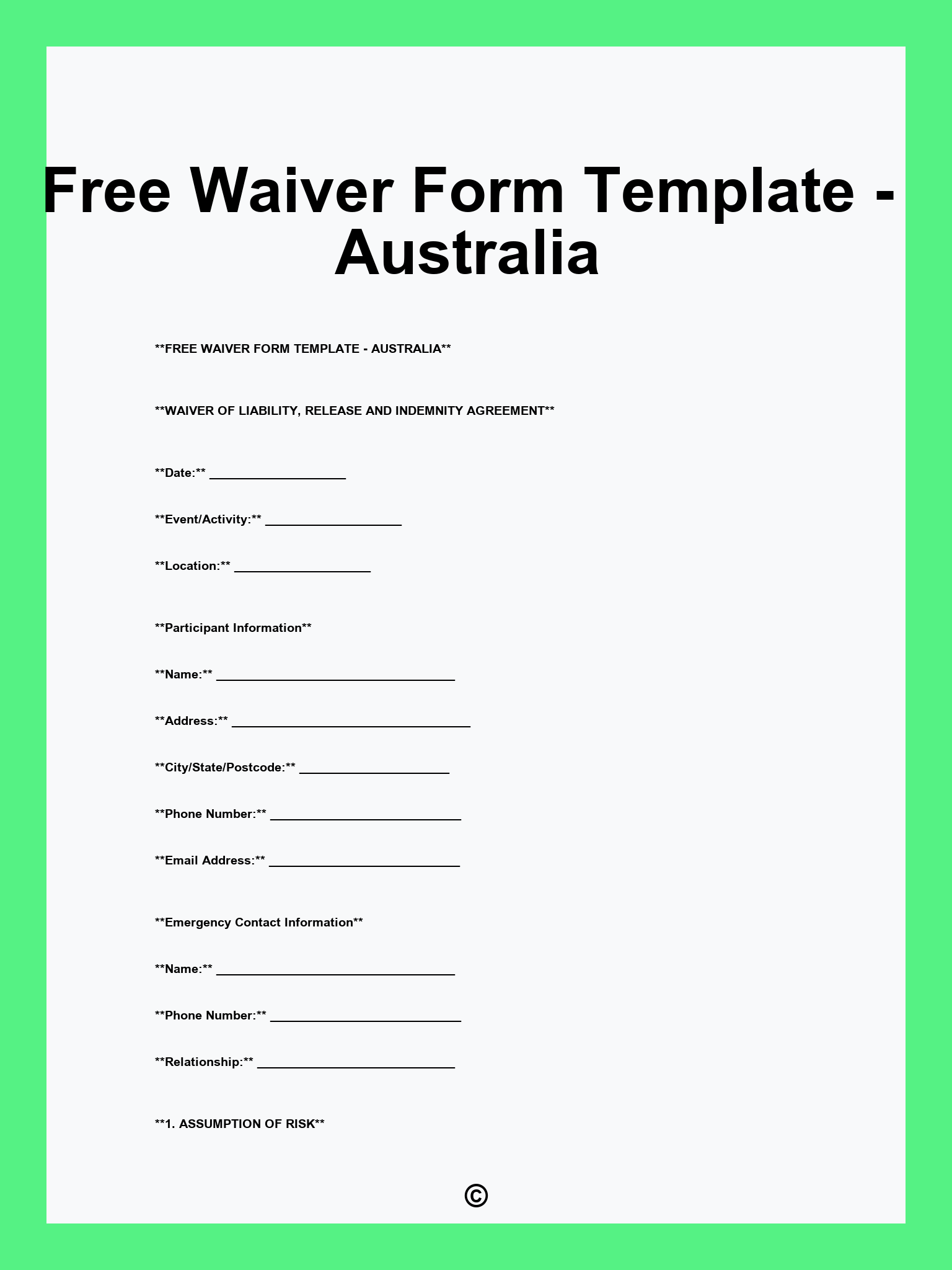 Free Waiver Form Template - Australia