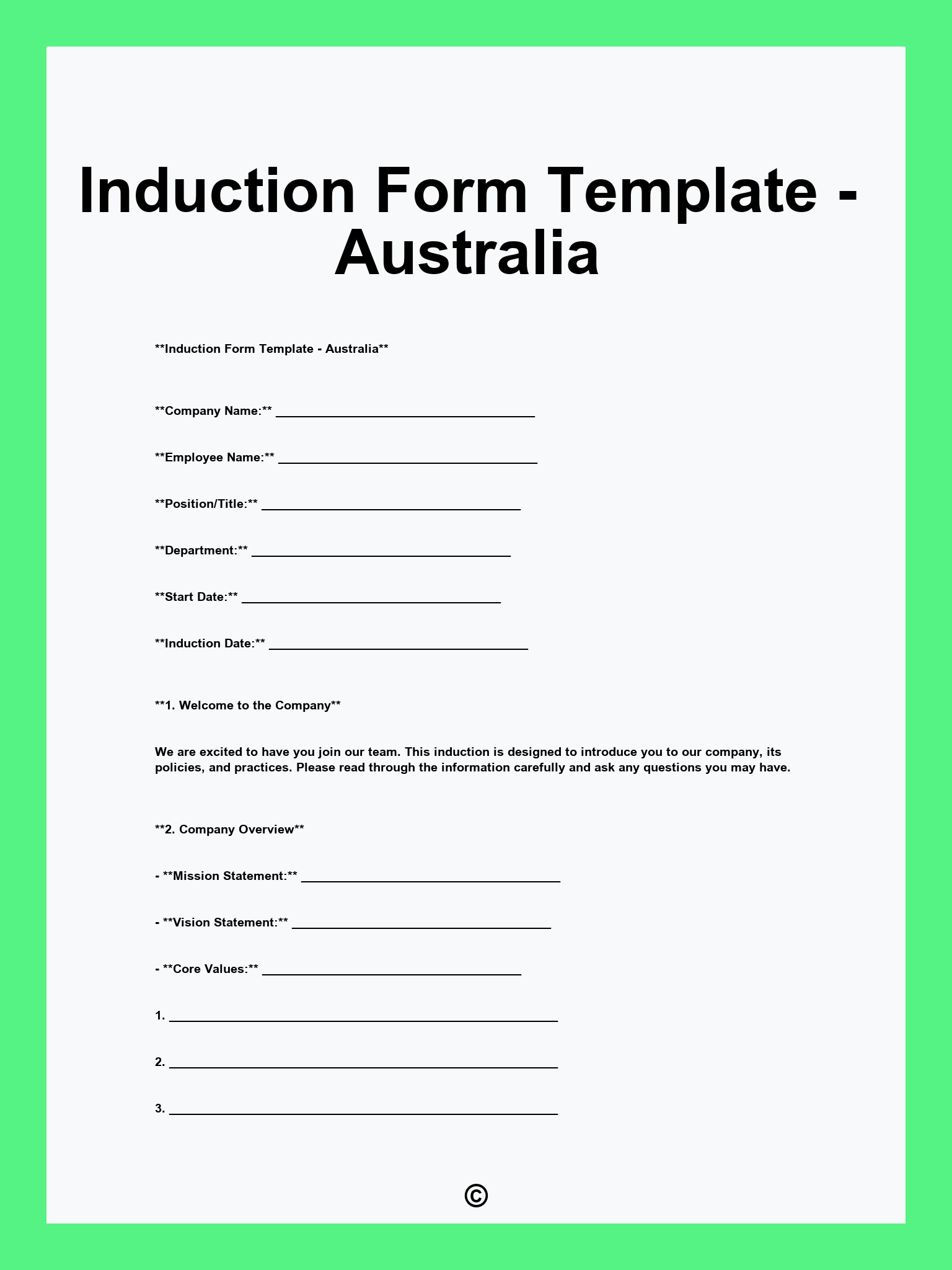 Induction Form Template - Australia