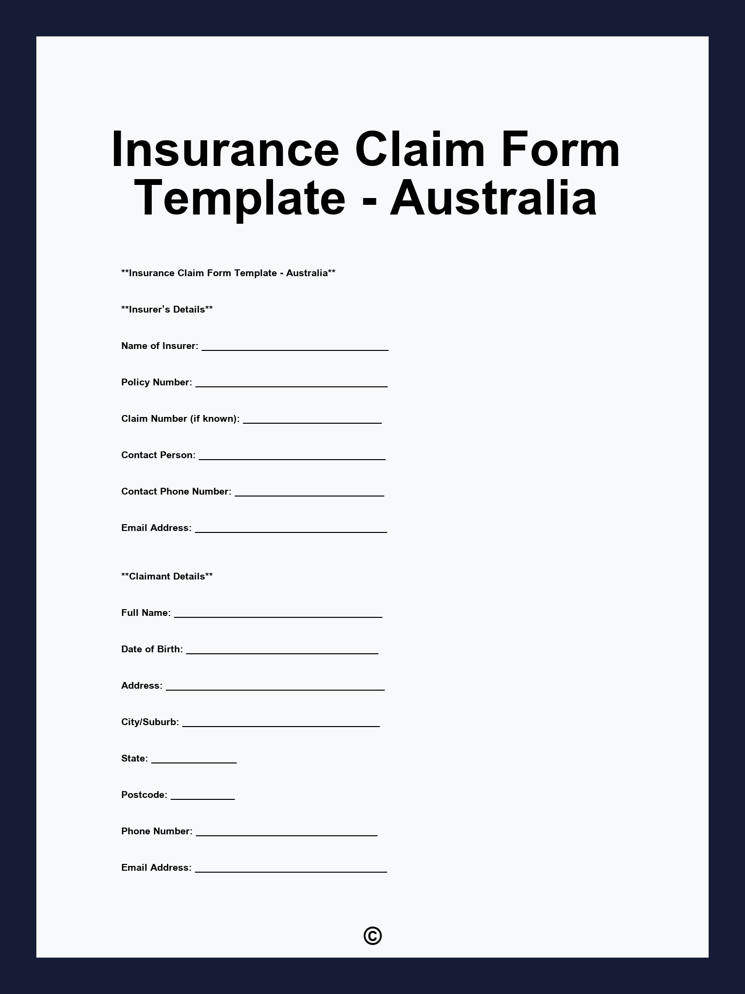 Insurance Claim Form Template - Australia