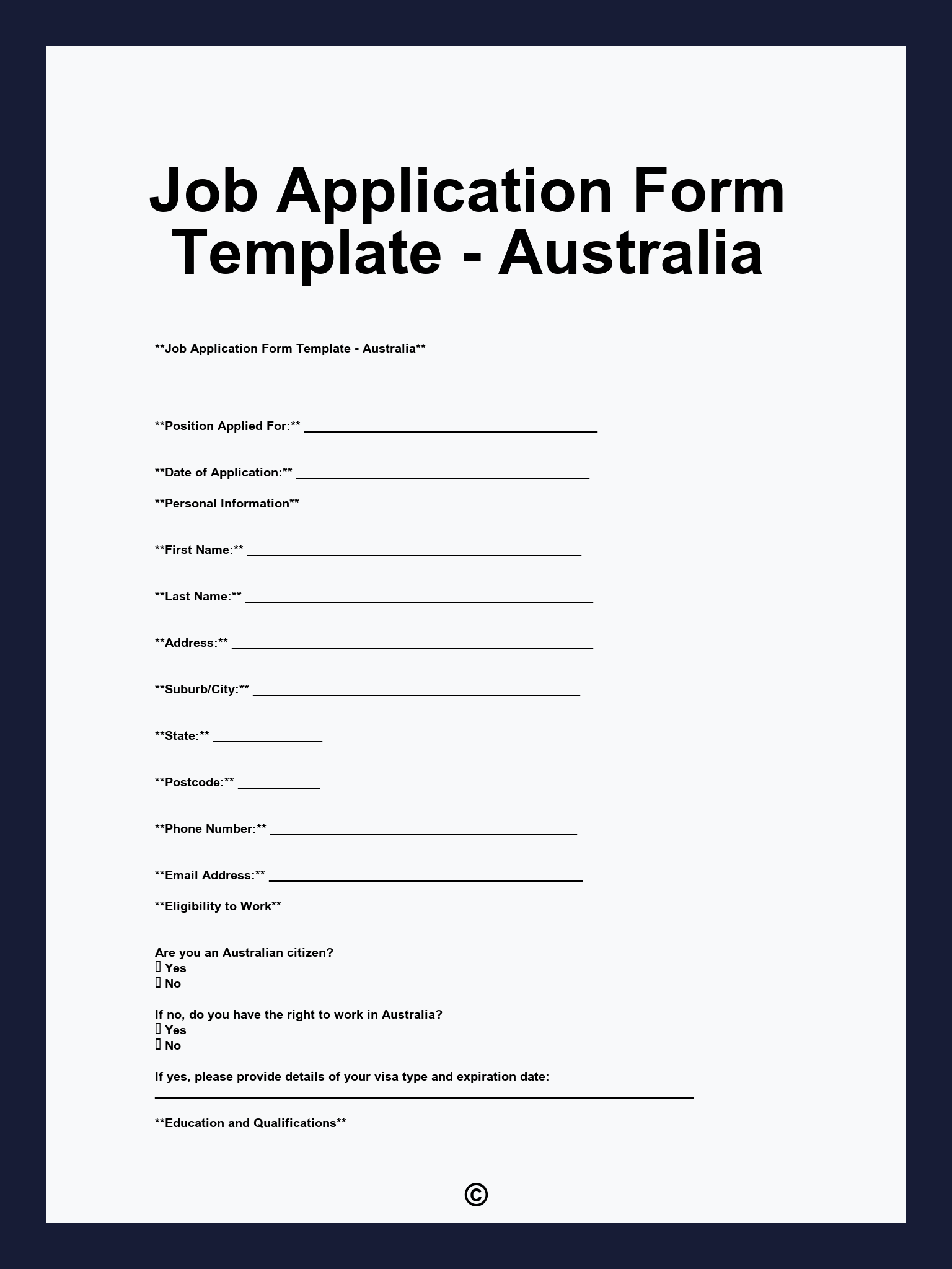 Job Application Form Template - Australia