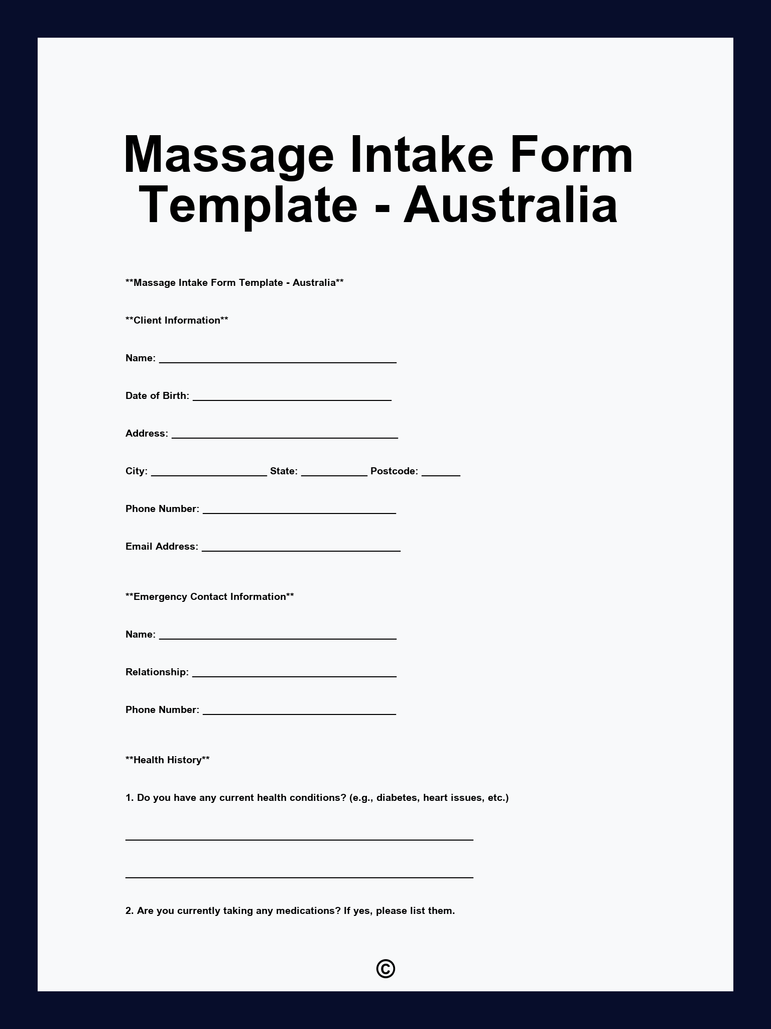 Massage Intake Form Template - Australia