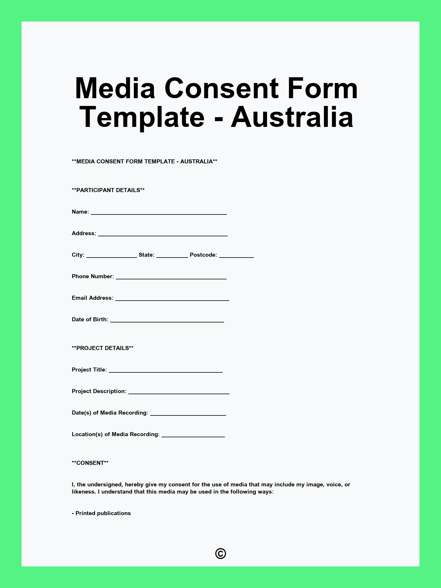 Media Consent Form Template - Australia