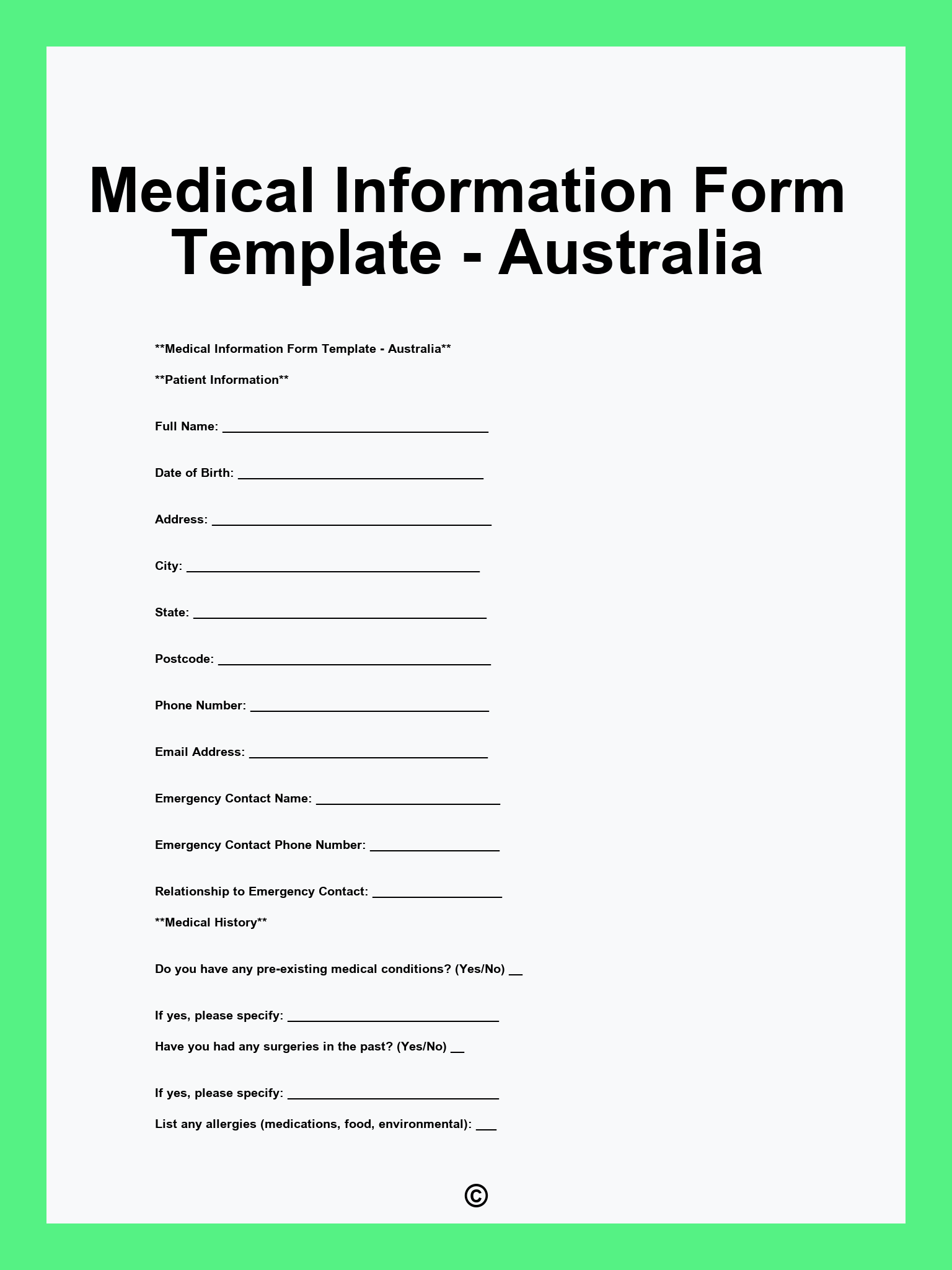 Medical Information Form Template - Australia