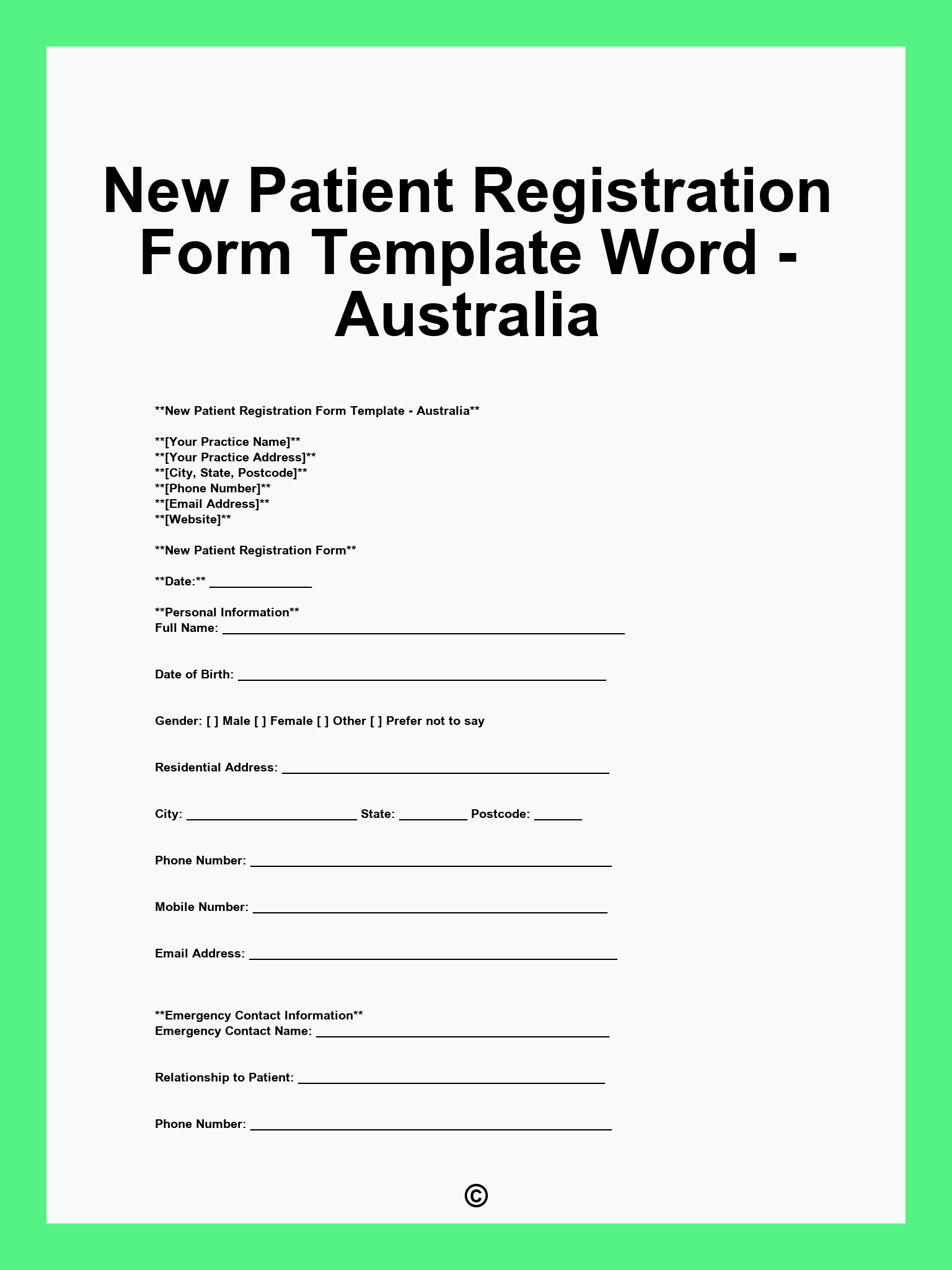 New Patient Registration Form Template Word - Australia