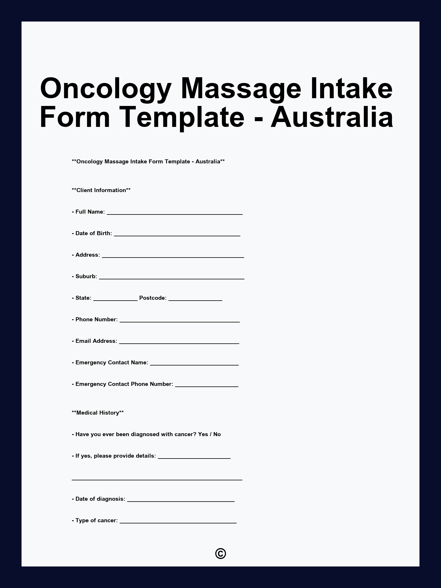 Oncology Massage Intake Form Template - Australia