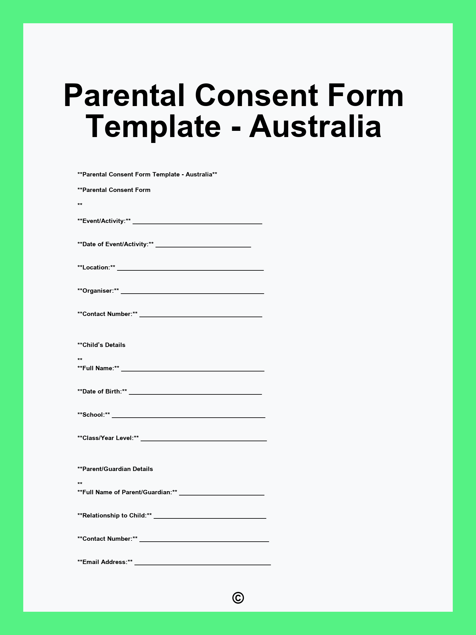 Parental Consent Form Template - Australia