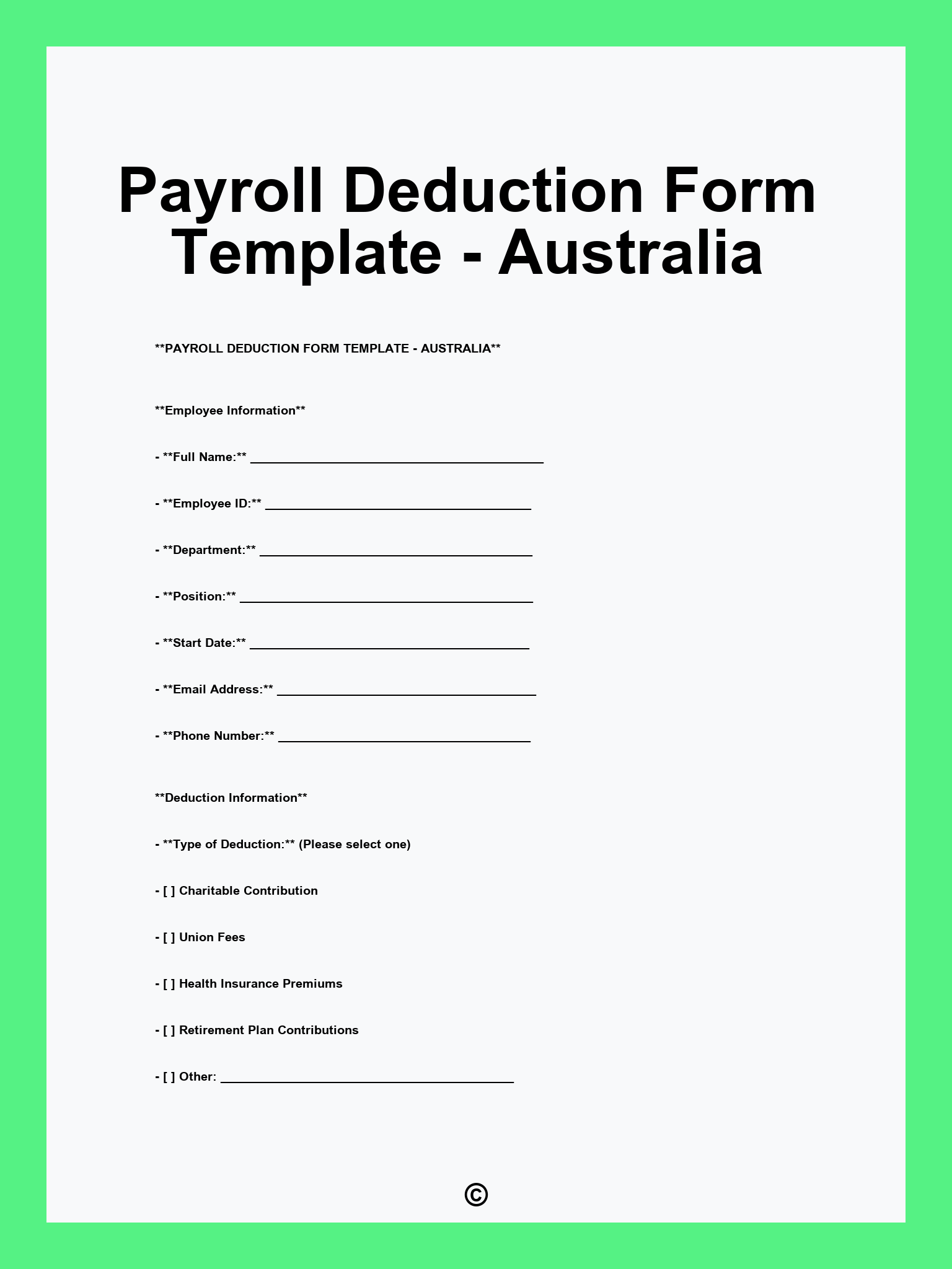 Payroll Deduction Form Template - Australia