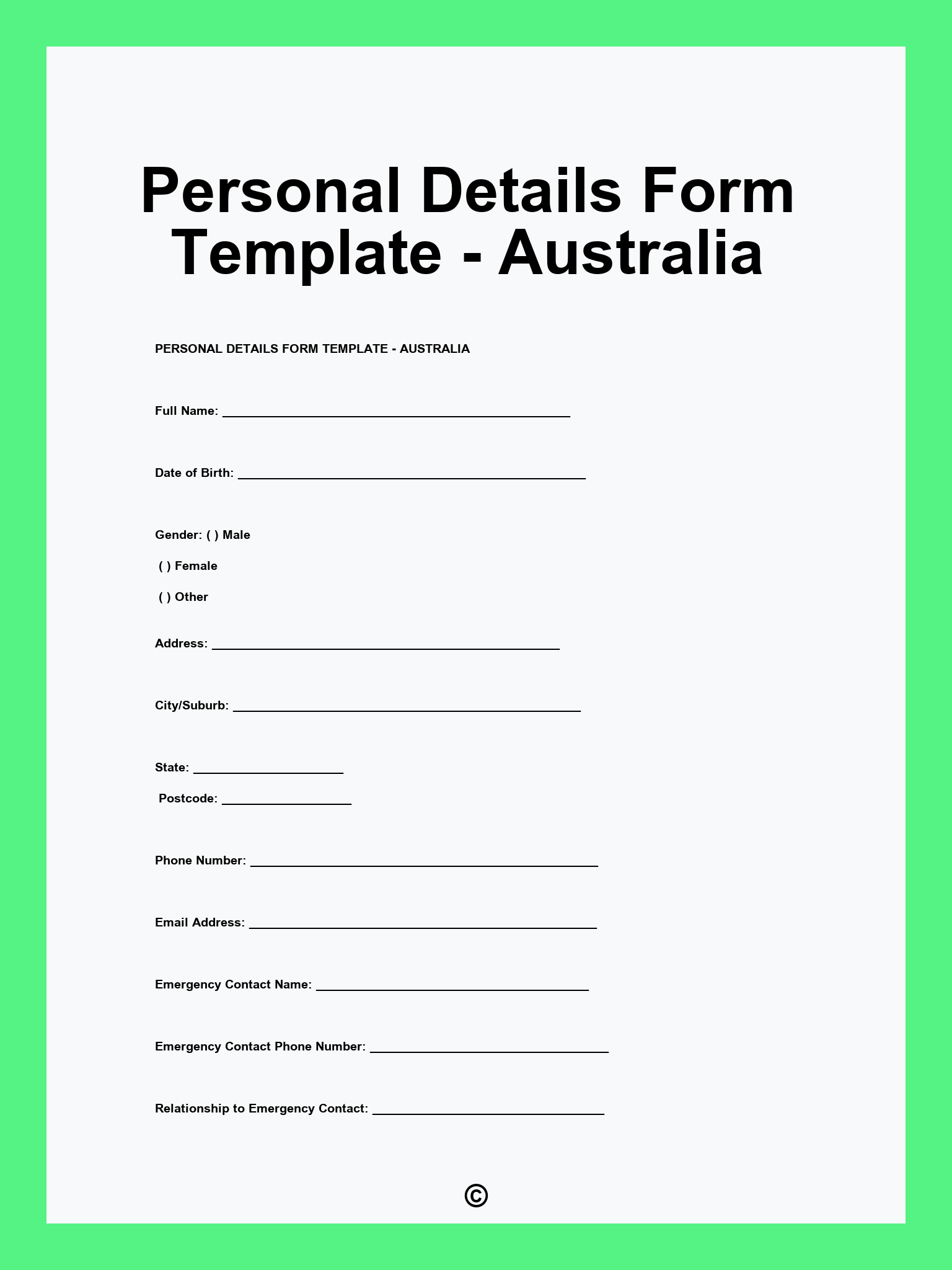 Personal Details Form Template - Australia