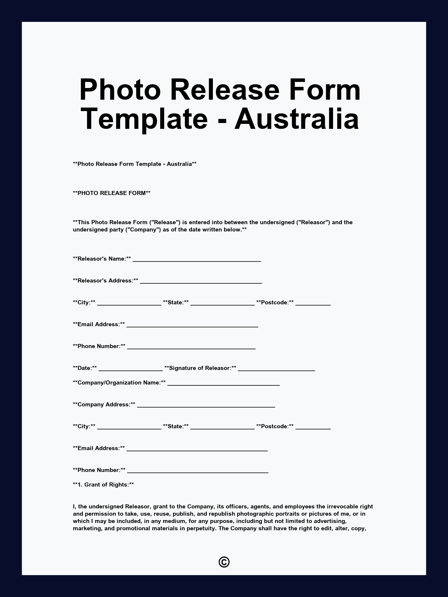 Photo Release Form Template - Australia