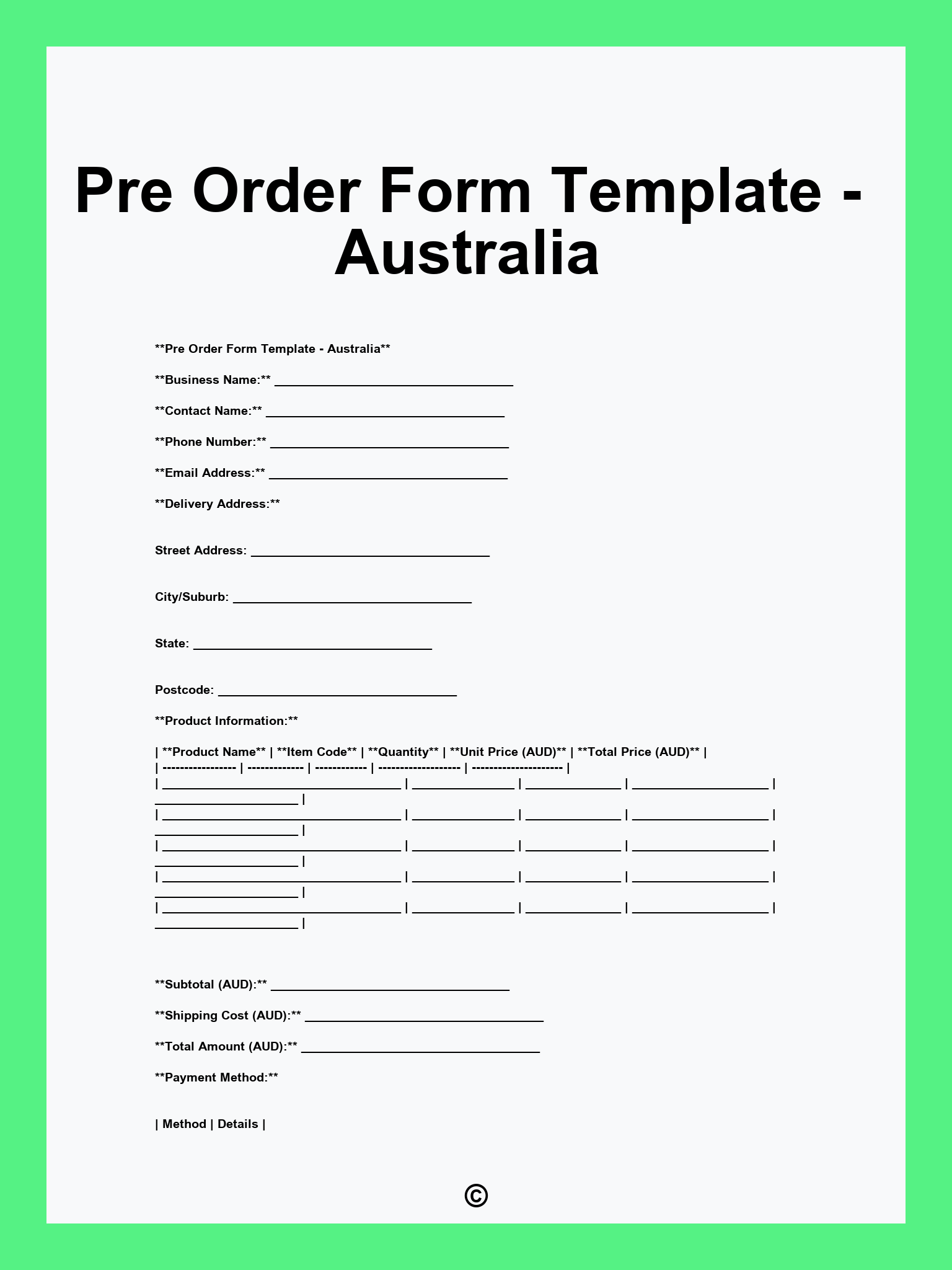 Pre Order Form Template - Australia