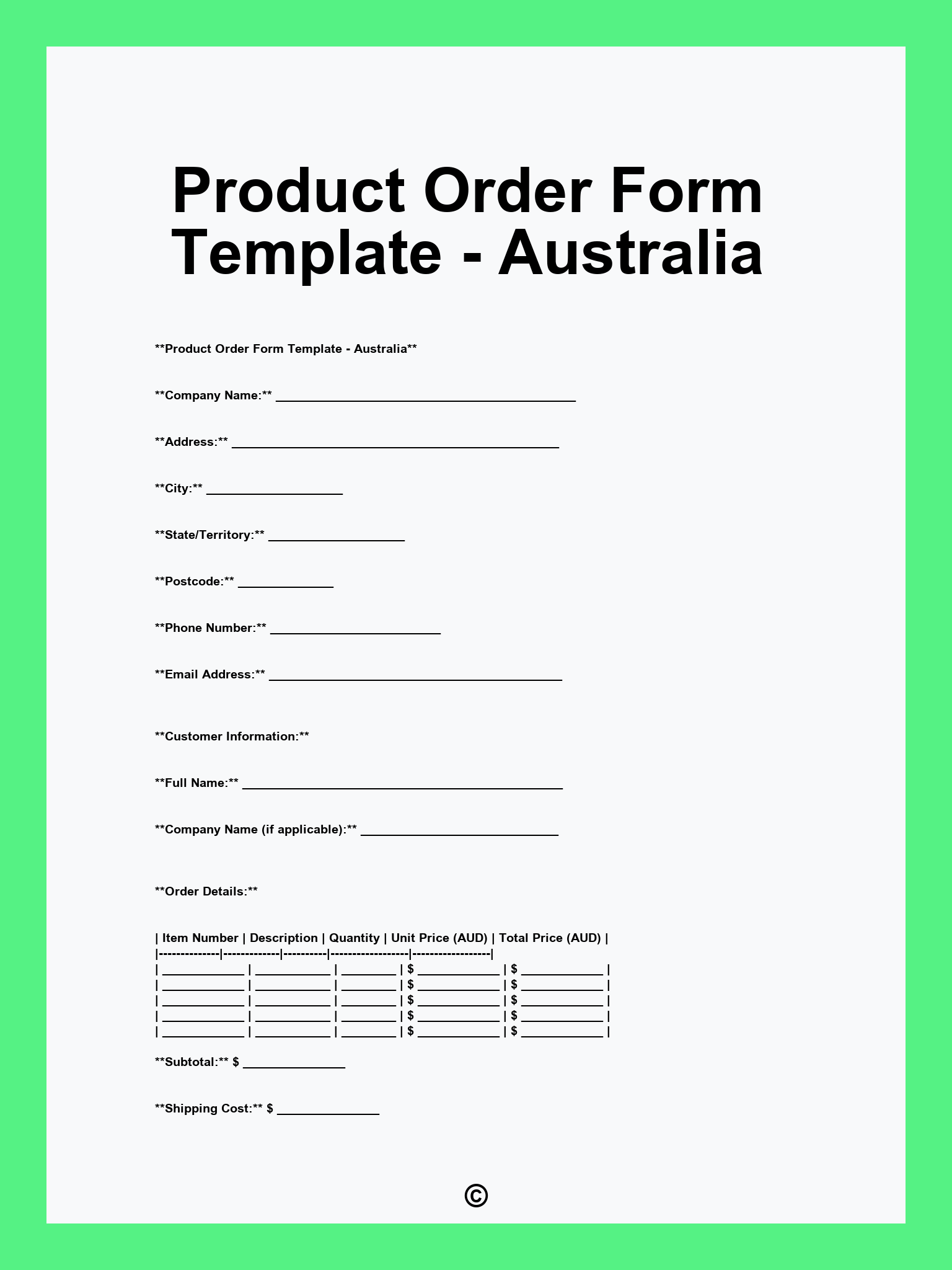 Product Order Form Template - Australia