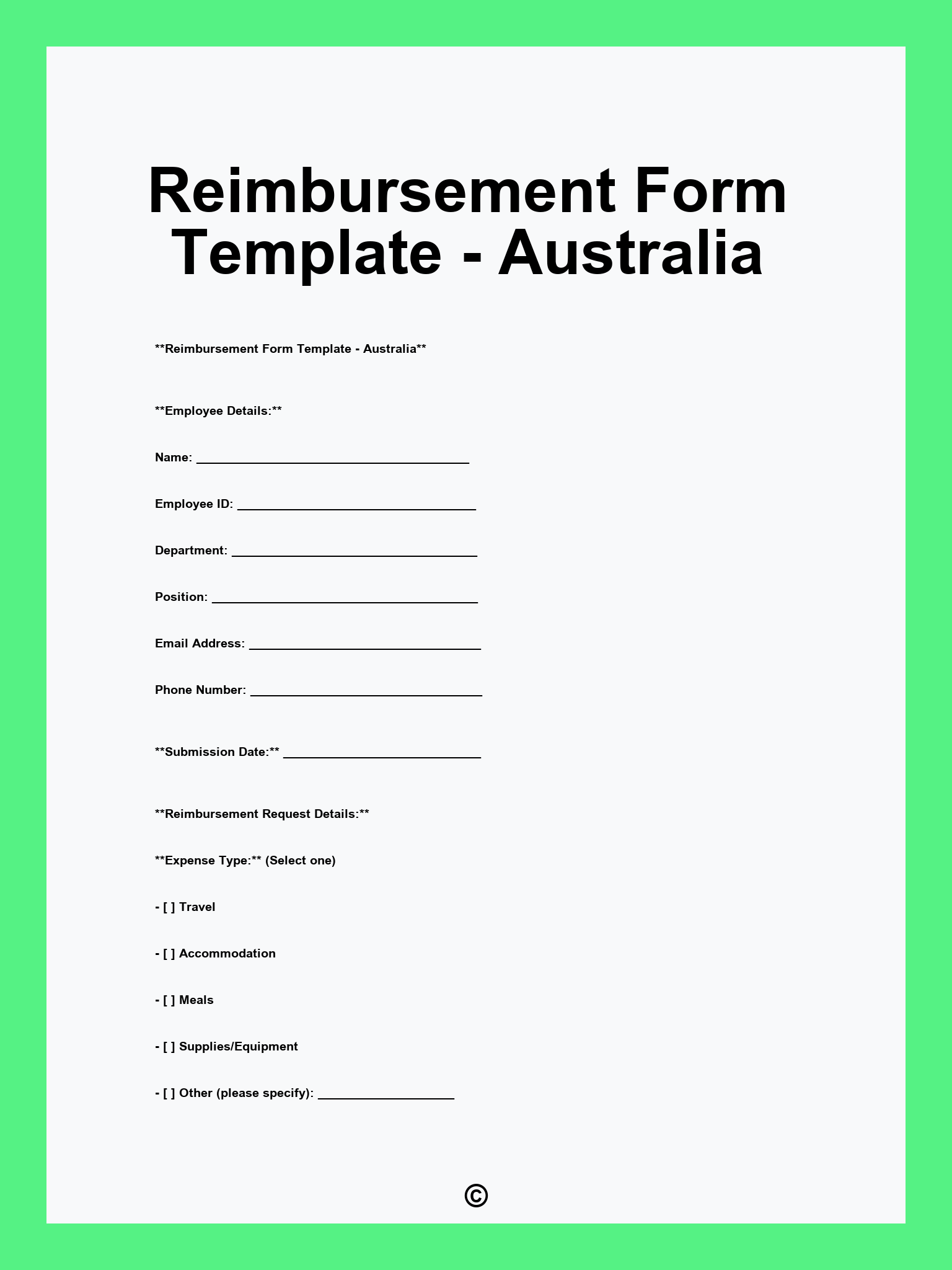 Reimbursement Form Template - Australia