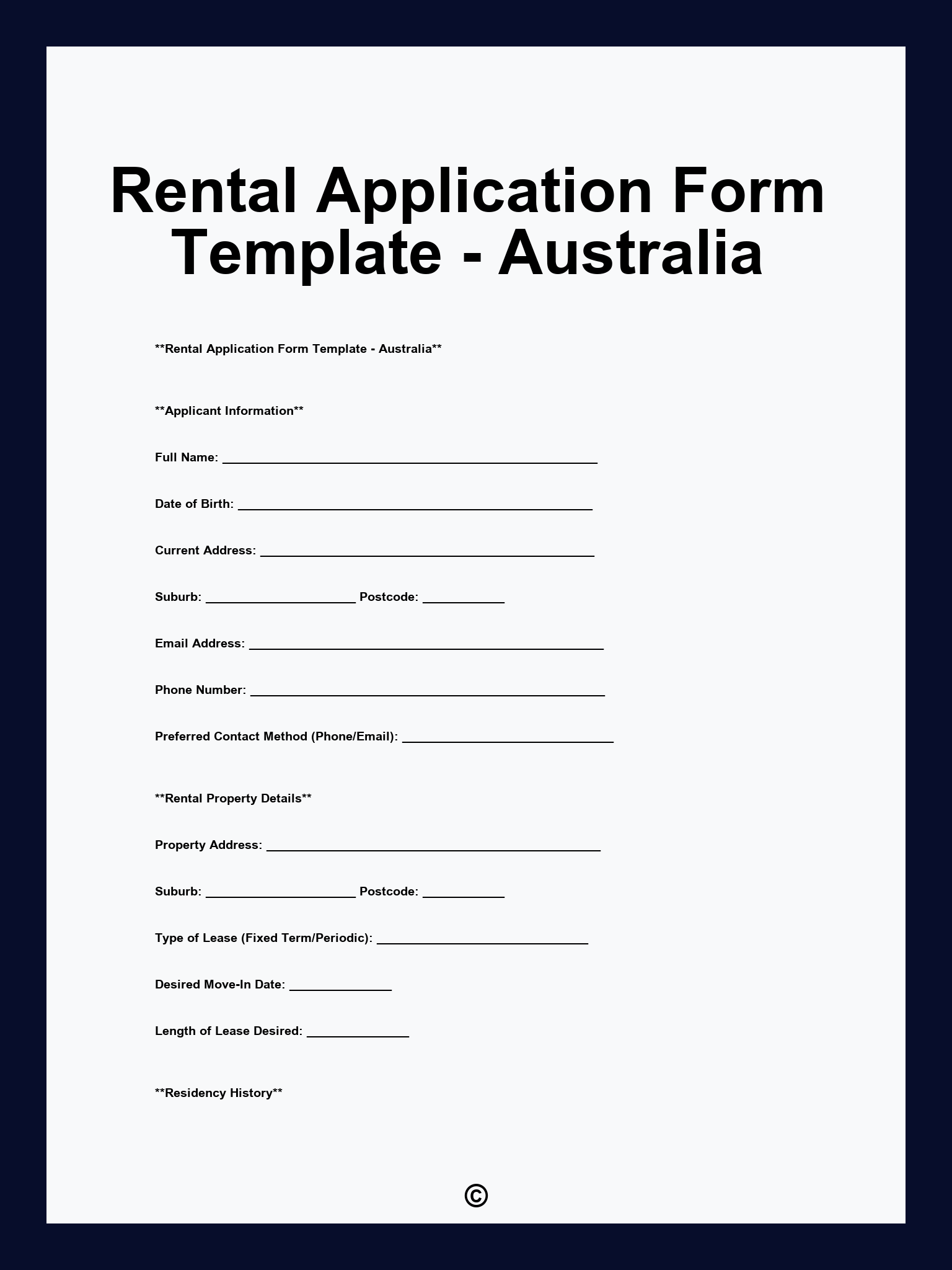 Rental Application Form Template - Australia