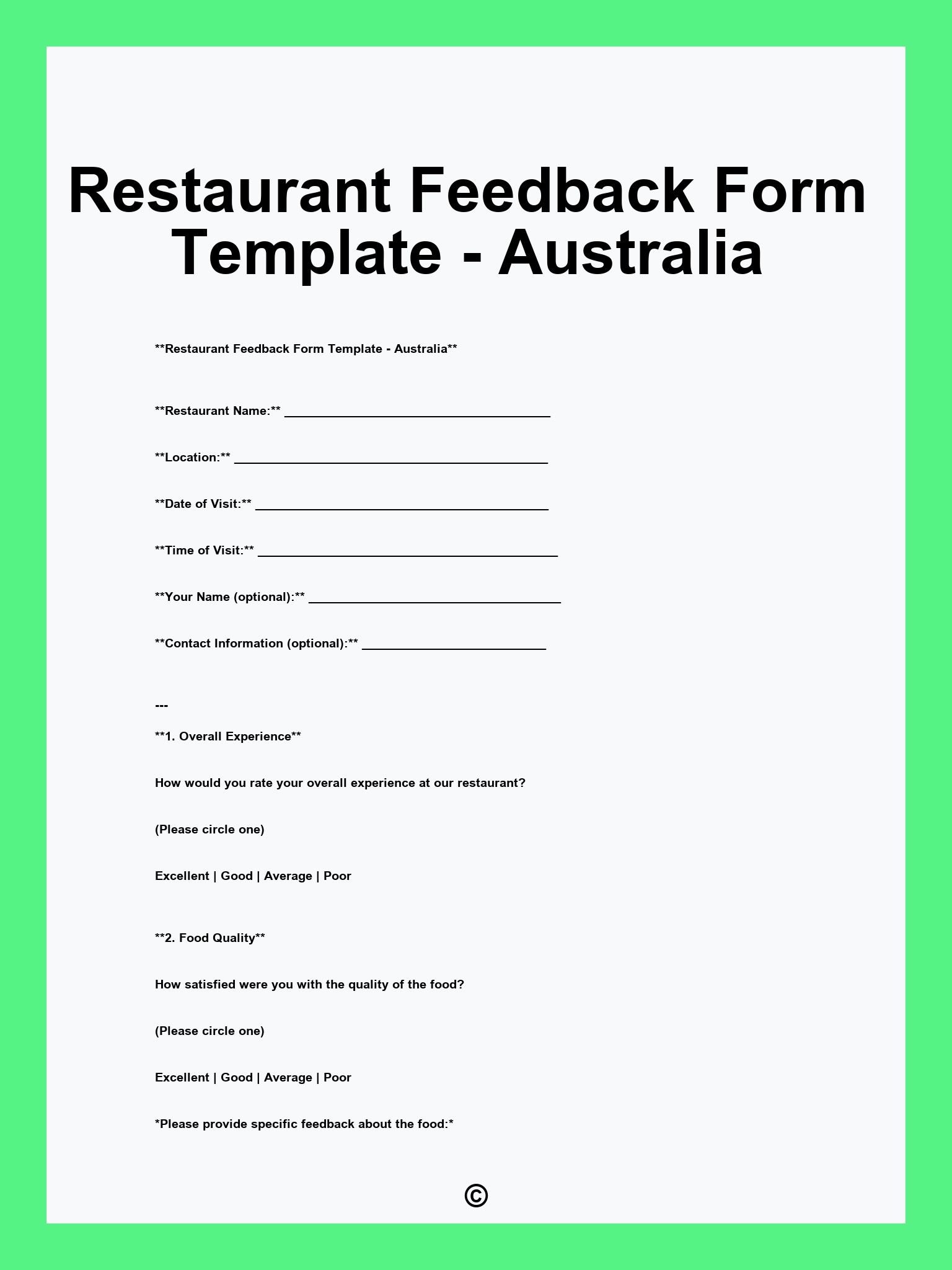 Restaurant Feedback Form Template - Australia