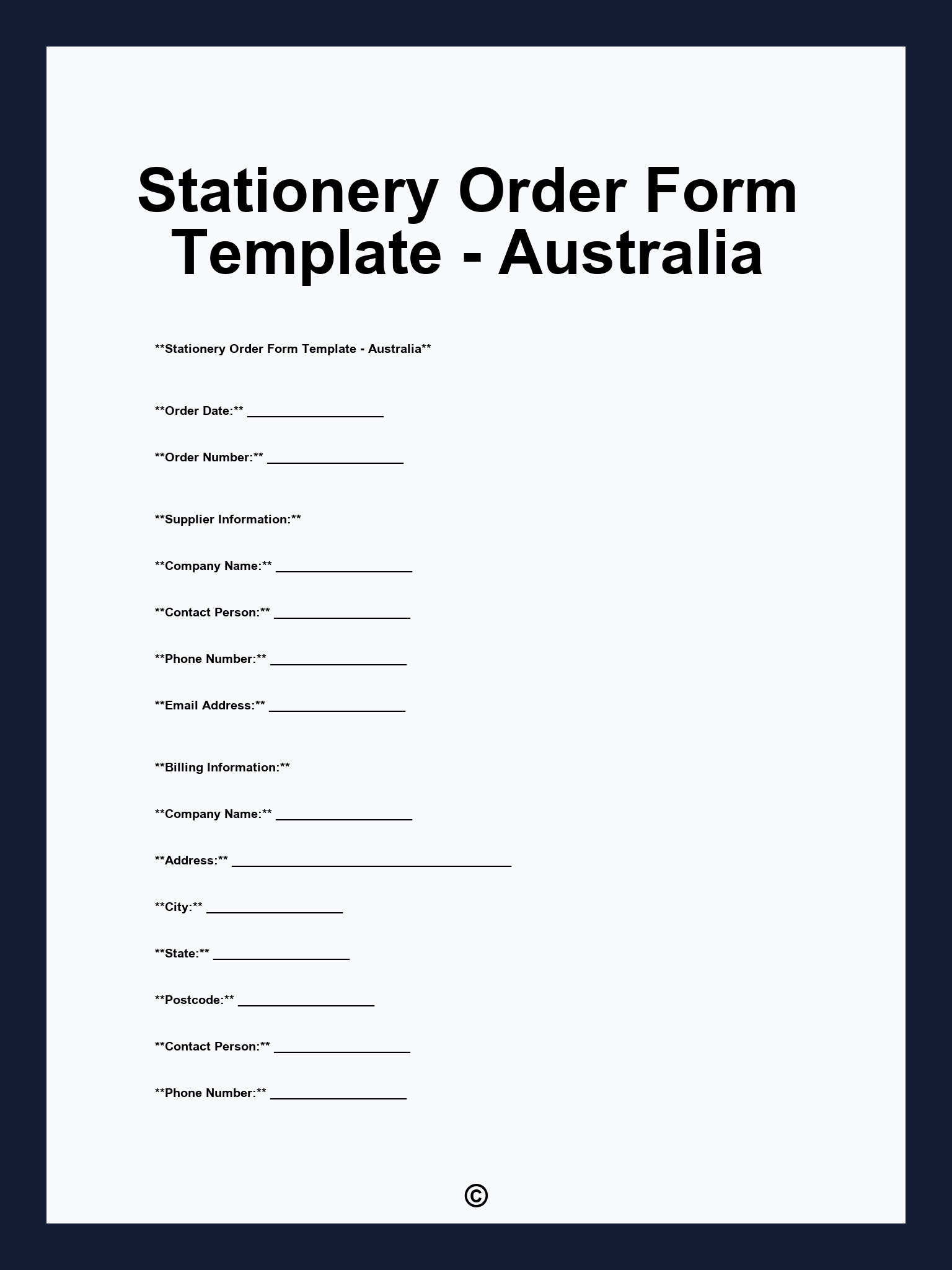Stationery Order Form Template - Australia