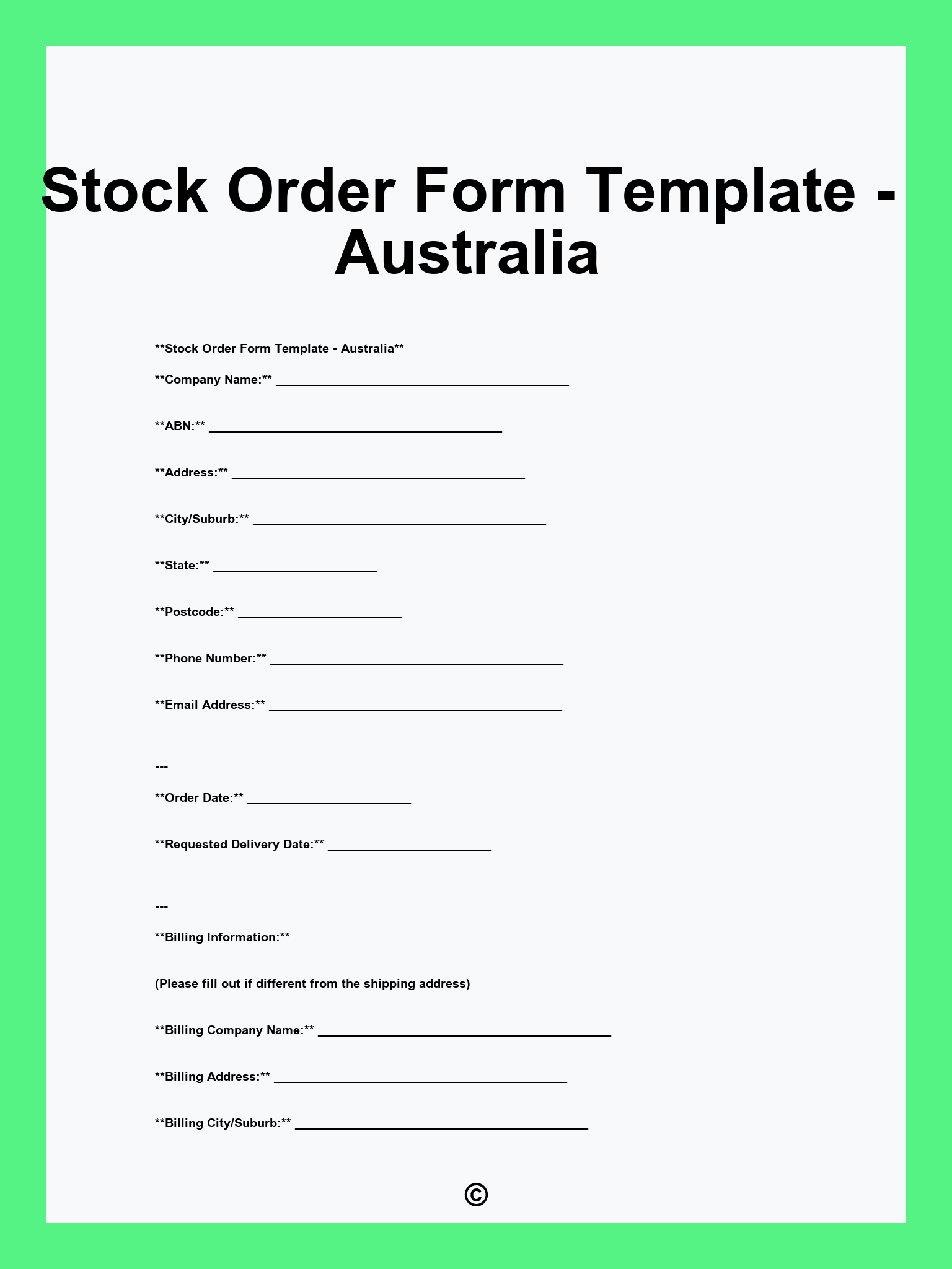 Stock Order Form Template - Australia