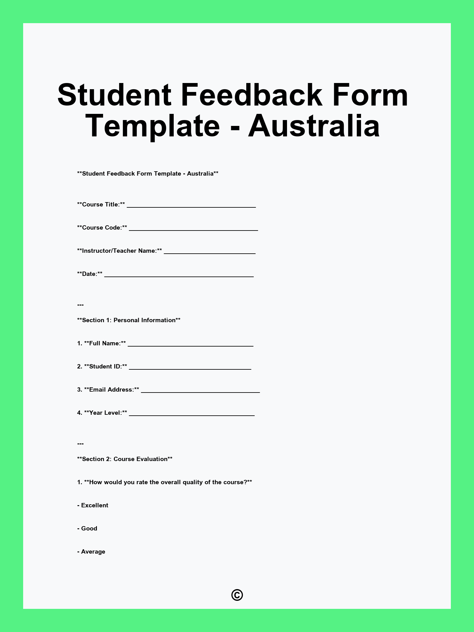 Student Feedback Form Template - Australia