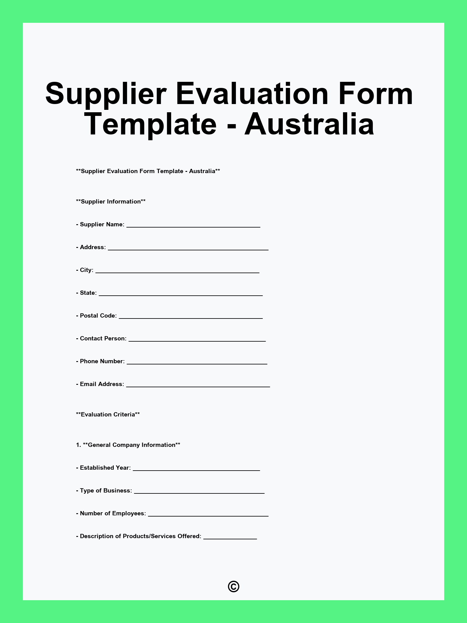 Supplier Evaluation Form Template - Australia