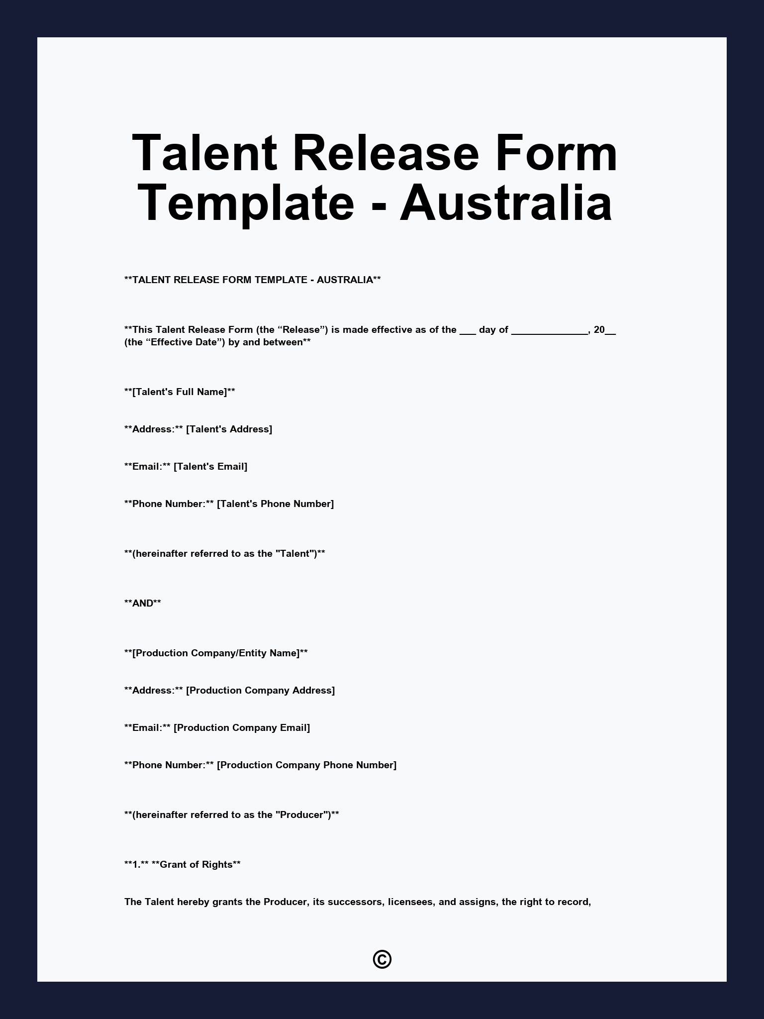 Talent Release Form Template - Australia
